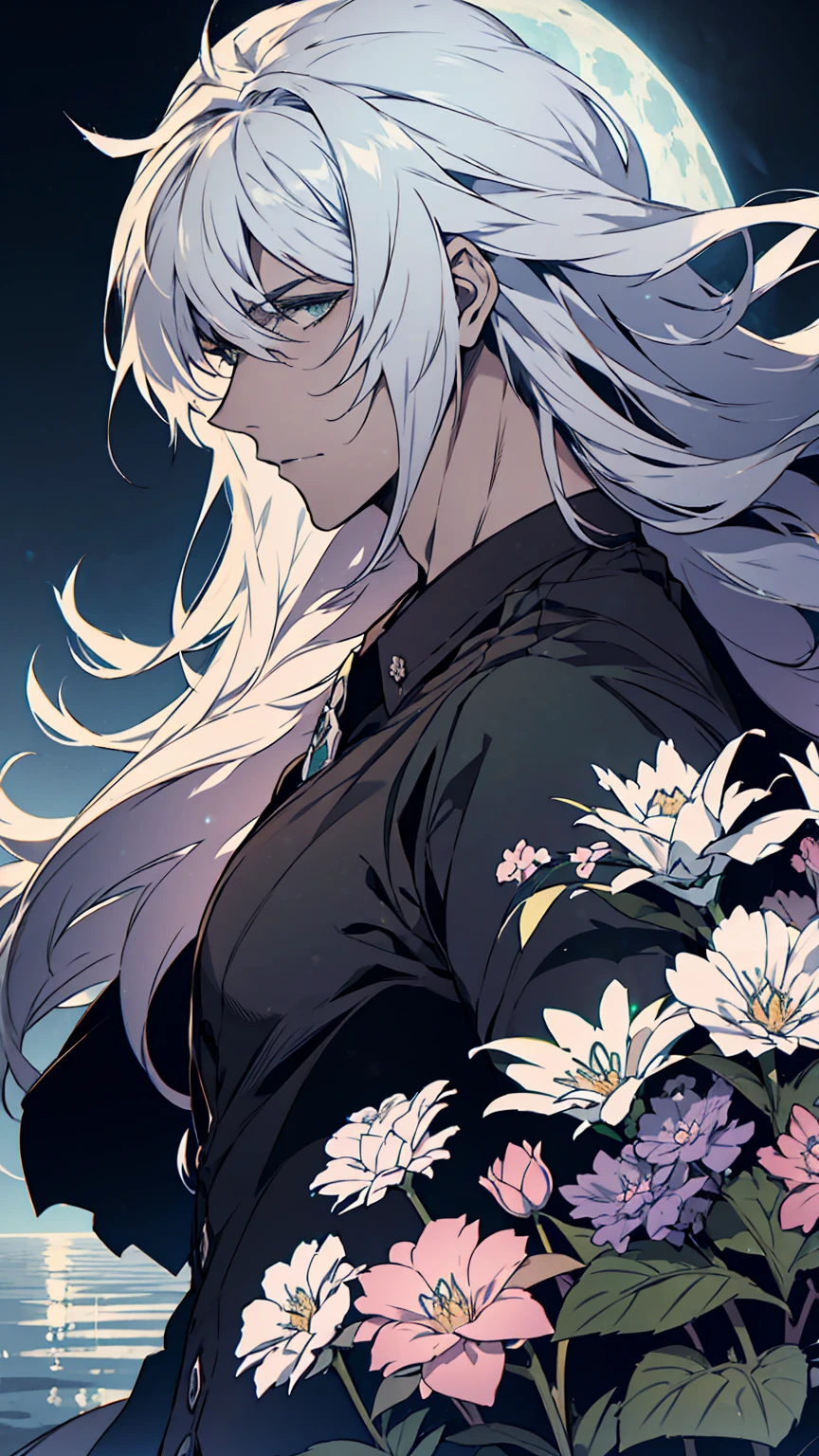 Siegfried,Fate,***ung man, male photo,solo,(portrait),gray long hair,green eyes,beautiful flowers,moonlight,high quality, Best quality, 8K, ultra detailed,masterpiece