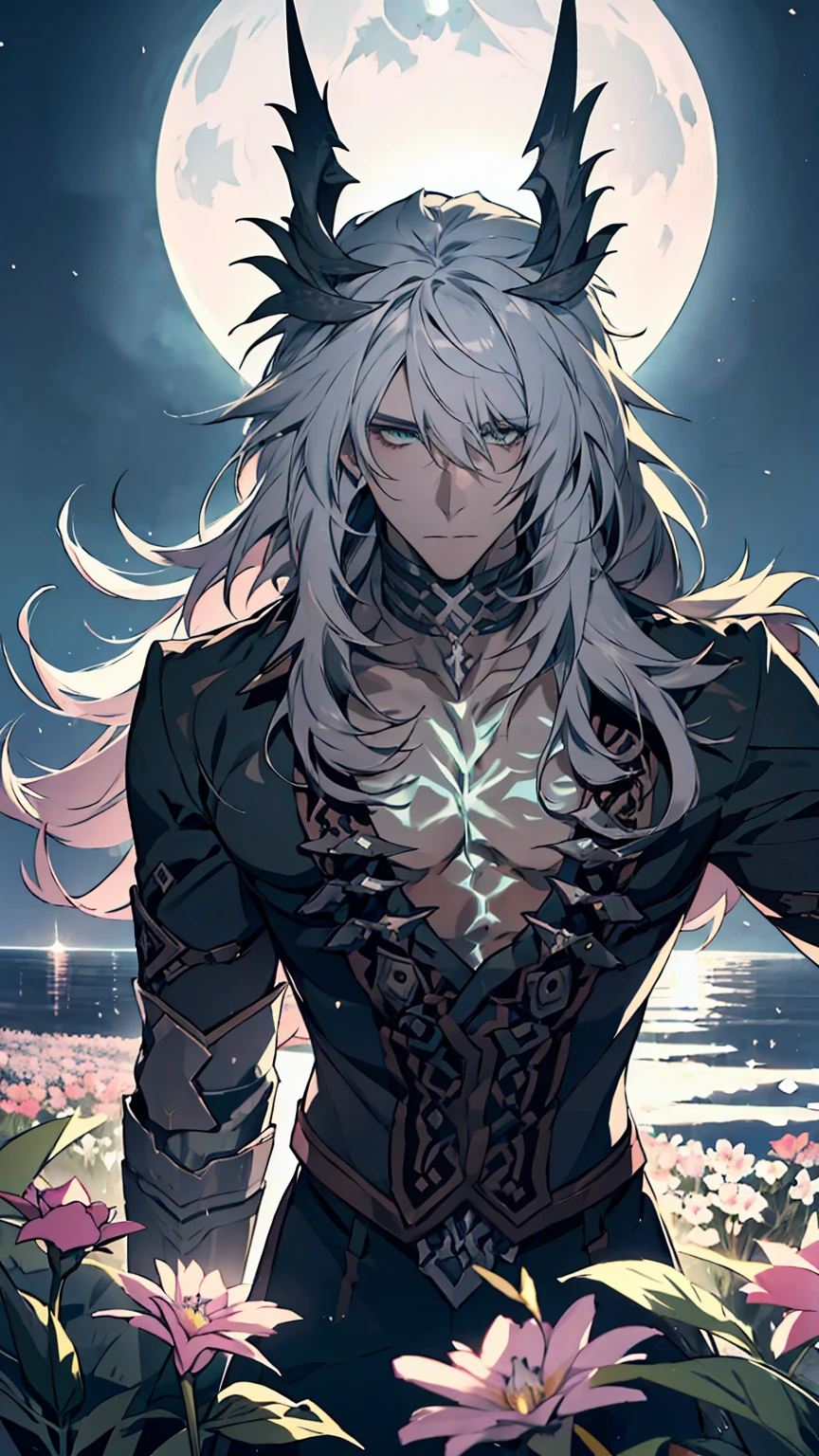 Siegfried,Fate,***ung man, male photo,solo,(portrait),gray long hair,green eyes,beautiful flowers,moonlight,high quality, Best quality, 8K, ultra detailed,masterpiece