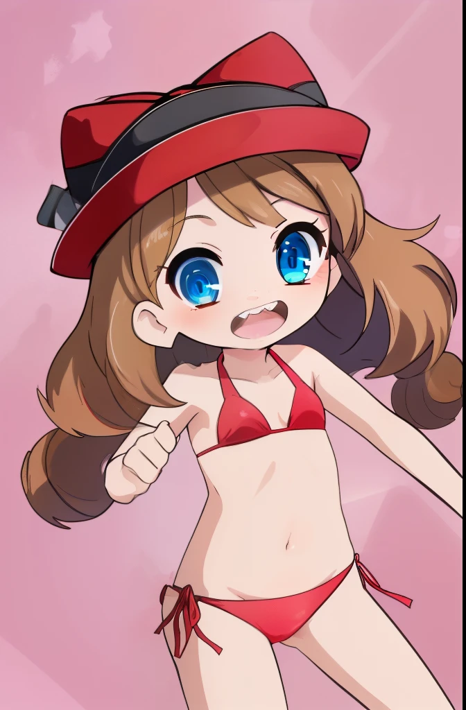One girl, bikini, side-tie bikini bottom, teeth,, masterpiece, highest quality, Very detailed, Brown Hair, blue eyes, Red Hat