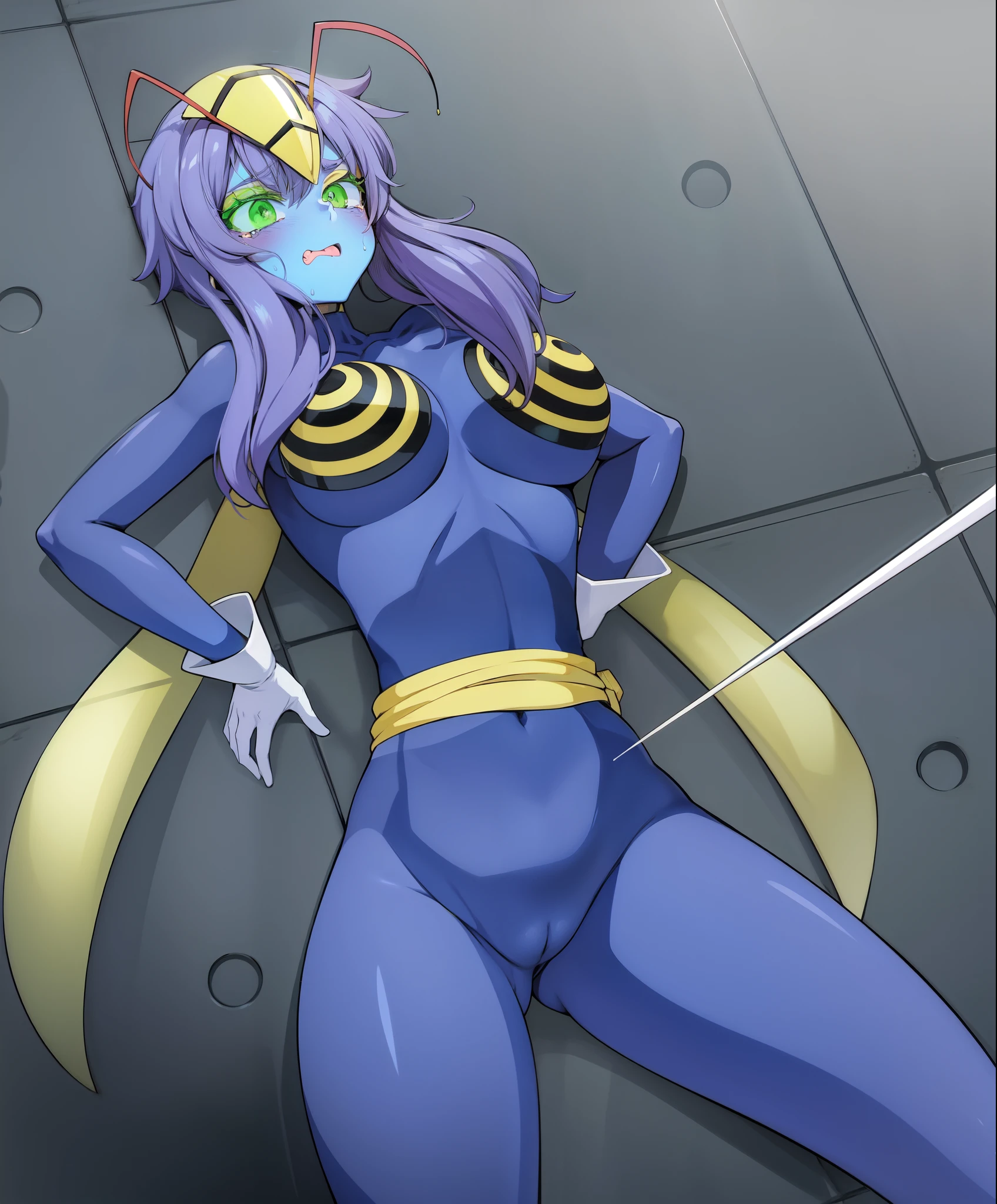 Close-up of a girl in a blue leotard、Black shiny latex suit, Saiyan Girl, wonderful, Nano Girl, Female body type, Inspired by Hiromu Arakawa, Anime Manga Robot!! Anime Girls, Fubuki, Full Body Suit, by Hiromu Arakawa, , wonderful, silk, Beautiful and attractive anime , Anime Girls of the future, tears,Drooling,Pee,Sweat,Tongue out,incontinence,Peeing,Mouth open and tongue out,Estrus,Eyes wide open,Estrus,Blushing,Nipples are erect,Face is hot,Lust、Mouth wide open and tongue sticking out、Red face print on upper face and chin、incontinenceして股間が濡れています