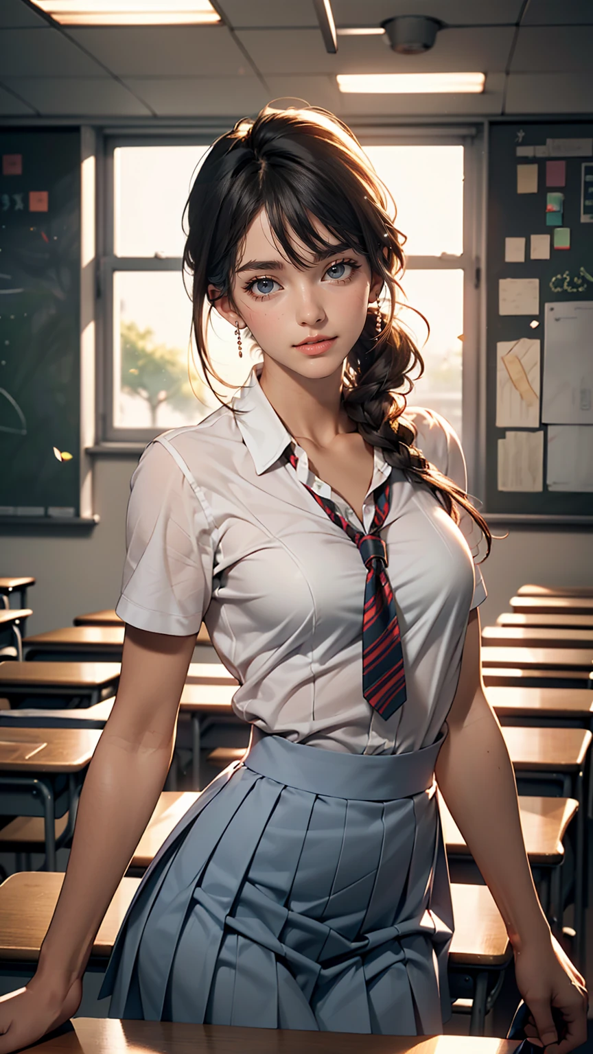 25-year-old woman, Mature Woman, ((In the classroom)), ((school uniform)), RAW Photos, (photoRealistic: 1.37, Realistic), Highly detailed synthetic CG 8K wallpaper, One girl, (((Perfect body: 1.1)), (Medium chest: 1.2), Looking at the audience, (((Straight from the front)))), (high qualityスキン:1.2, Shiny skin), 8K Ultra HD, Digital SLR, Soft lighting, high quality, Film Grain, Fujifilm XT3, ((whole body:  0.8)), (Professional Lighting:1.4) ,