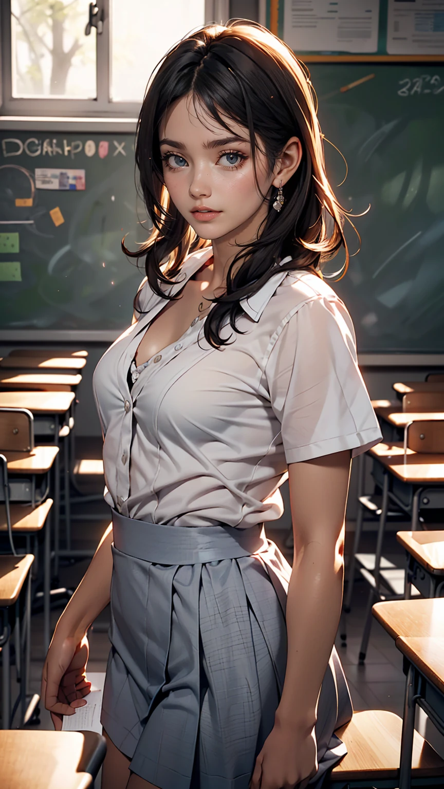 25-year-old woman, Mature Woman, ((In the classroom)), ((school uniform)), RAW Photos, (photoRealistic: 1.37, Realistic), Highly detailed synthetic CG 8K wallpaper, One girl, (((Perfect body: 1.1)), (Medium chest: 1.2), Looking at the audience, (((Straight from the front)))), (high qualityスキン:1.2, Shiny skin), 8K Ultra HD, Digital SLR, Soft lighting, high quality, Film Grain, Fujifilm XT3, ((whole body:  0.8)), (Professional Lighting:1.4) ,