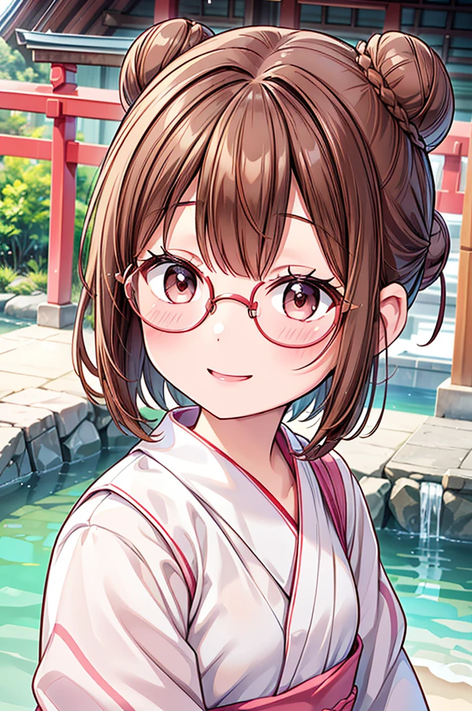 masterpiece、High resolution、High resolution、High resolution、1 female、(Close-up of a woman)、((Depiction of only the upper body))、((Brown Hair、Short Hair、Bun Hair))、((Round frame glasses))、Pink lip gloss、White yukata、A kind smile、Blushing、Smiling with teeth showing、((shrine))、