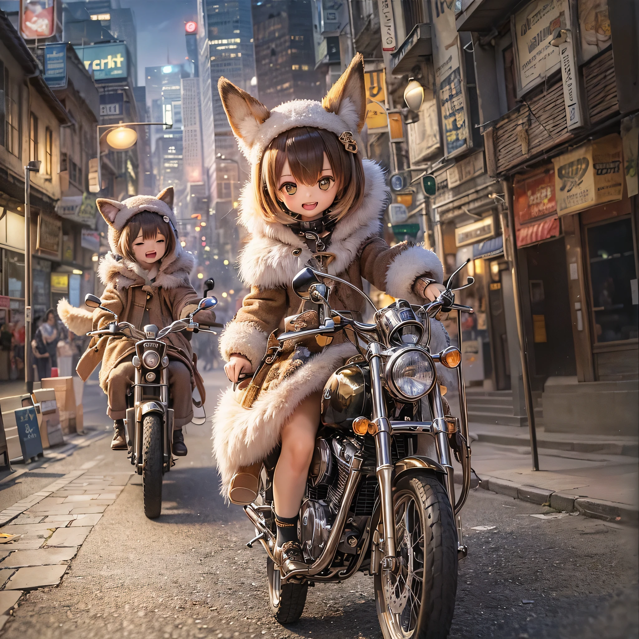 (highest quality,High resolution:1.2),shiba inu girls,Adorable chibi style,Vibrant colors,Fantasy Landscape,Riding on motorcycle,Magical Environment,Twinkle Star,The wind that makes your hair flutter,Expressions of joy,Amazing adventure,A playful atmosphere,Beautiful sunset,Amazing sensations ,Sharp details,Traditional ink painting style,Soft and gentle lighting,Whimsical charm,Nostalgic atmosphere,Expressive eyes and fur,What a lovely outfit!,Fast movement,Inspirational urban background,Playful interactions,Winding Road,Smiles and laughter,Childlike wonder,Burning with excitement,Artistic brush strokes and textures,Fluffy tail,Quick and agile movements,The dimension of imagination,True friendship and camaraderie,Unique and dynamic poses,Sparkling Light,Exhilarating ride.