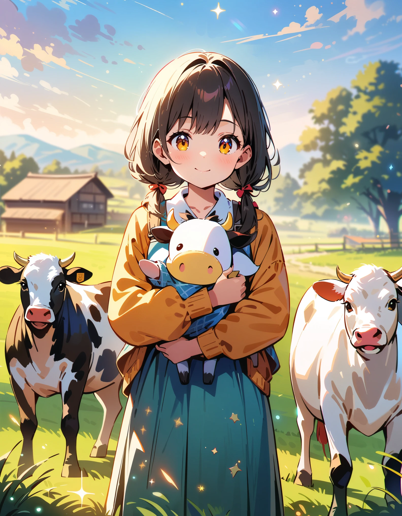 (best quality,4K,high details,high quality:1.2),UHD,(retina:1.1),cinematic lighting,colorful sparkle,depth of field,f/2.8,35mm,field,carrying Confucius,cheerful girl,active girl,caring for cows,rural scenery,cute,Illustrated style