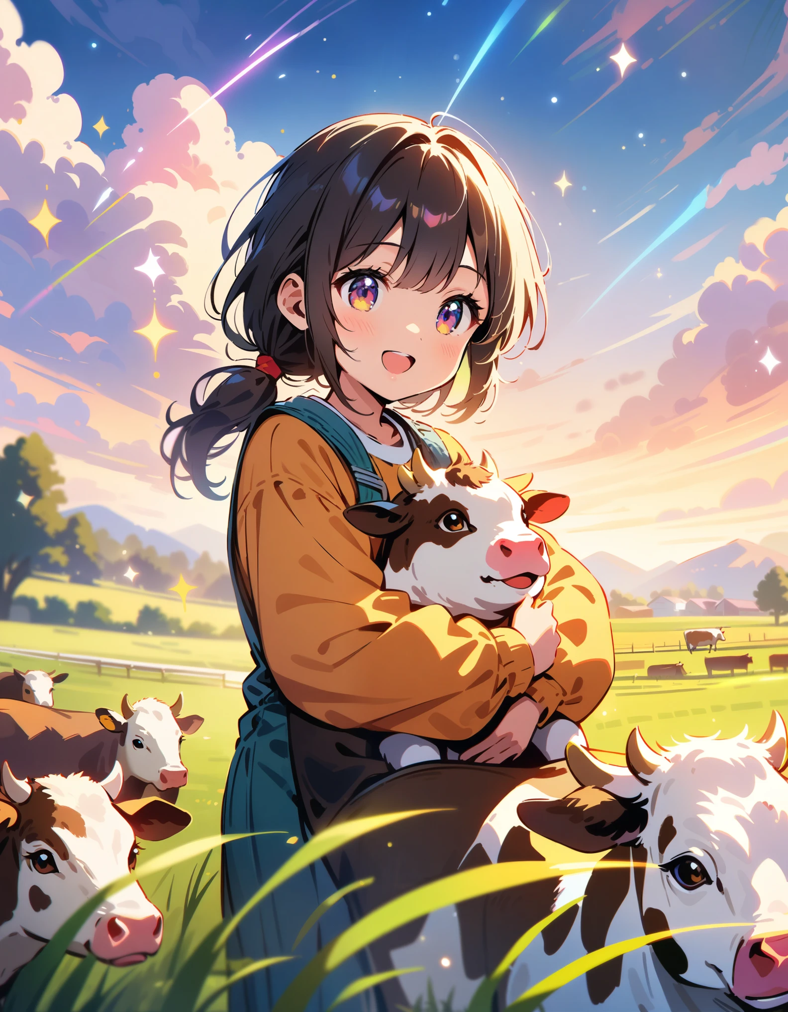 (best quality,4K,high details,high quality:1.2),UHD,(retina:1.1),cinematic lighting,colorful sparkle,depth of field,f/2.8,35mm,field,carrying Confucius,cheerful girl,active girl,caring for cows,rural scenery,cute,Illustrated style