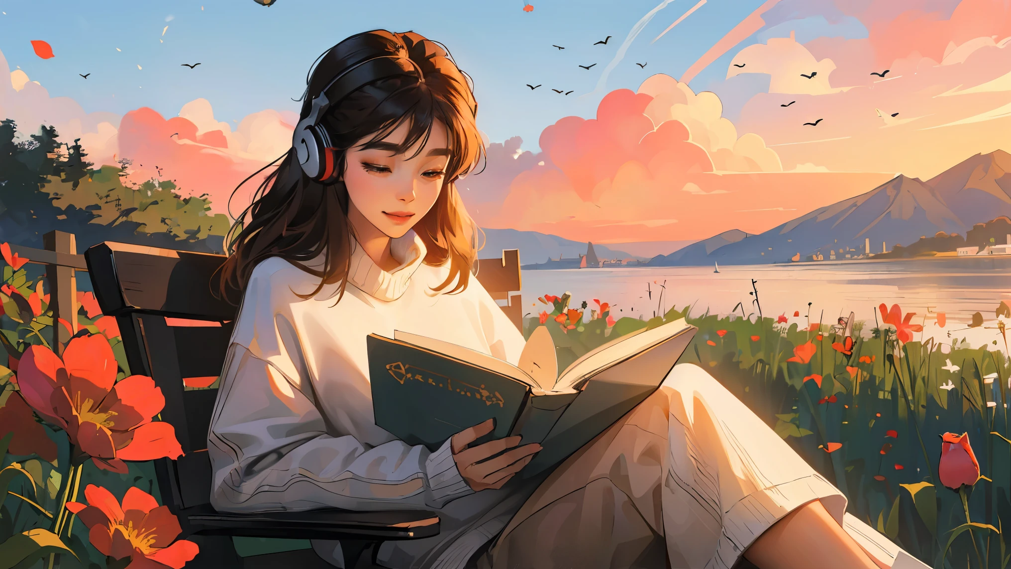 ((masterpiece)),(((bestquality))),((ultra-detailed)) realisticlying, 1 girl,  Beautiful, sit on the chair, wearing a sweater, Beautiful sunrice, solo, using headphones, The sky turns red at morning, Face smile, looking away, fowers,  read a book,  outdoor.