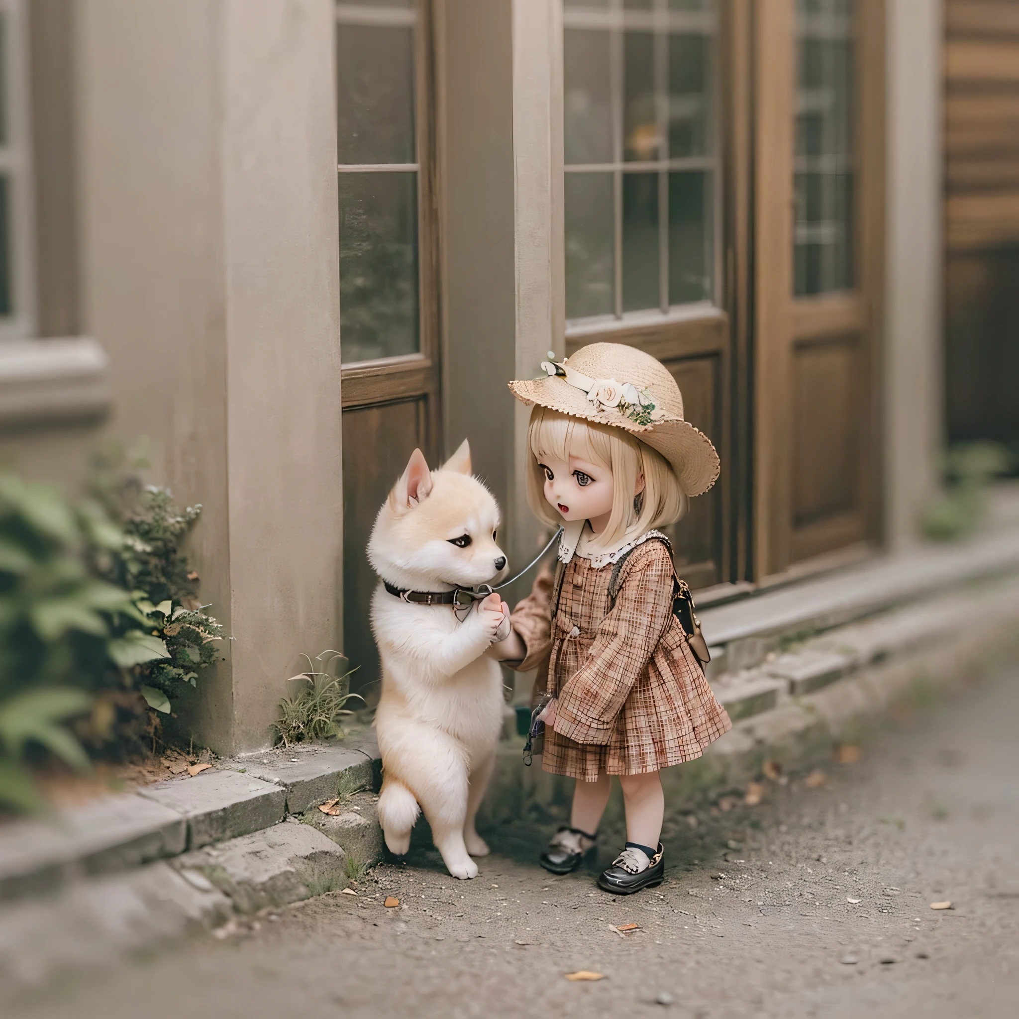 Little, A Shiba Inu girl walking on a leash with a girl(((((child)))))