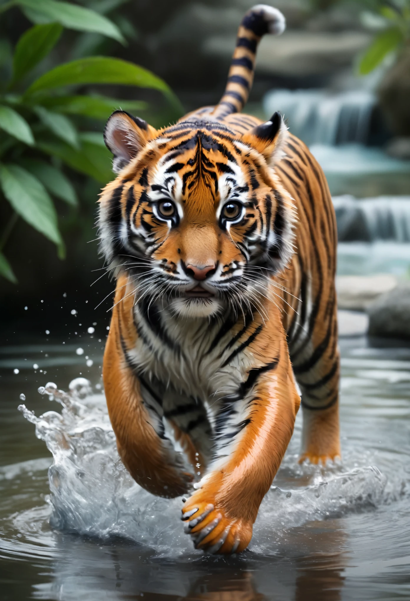 a cute [mouse:tiger:2] running over water, 8k, uhd, dslr, realistic, award winning photo