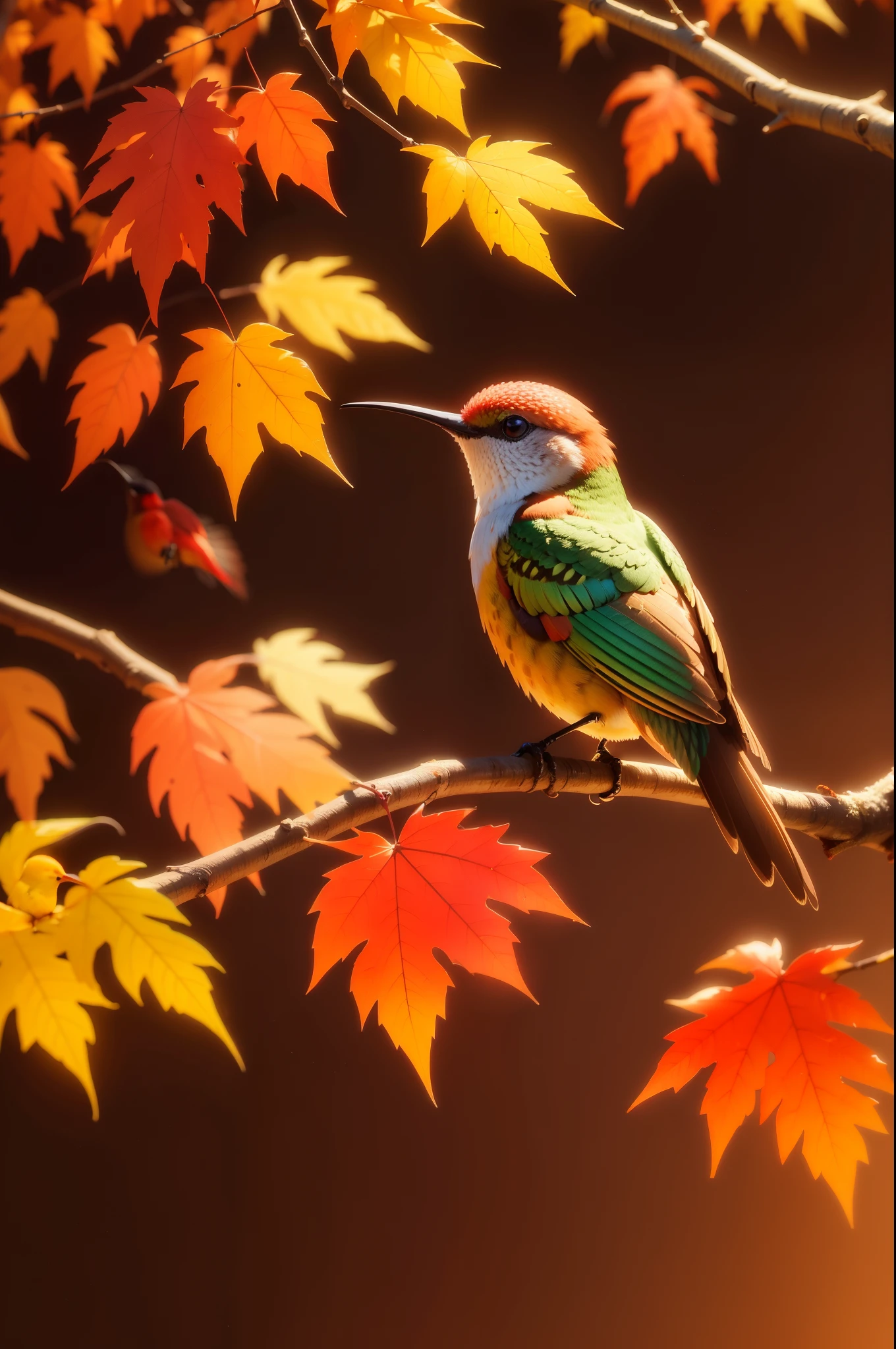 Golden hummingbird sitting on a branch,Maple red, Bird, Beautiful scenery, autumn, Red maples fly, Bird tracking photography