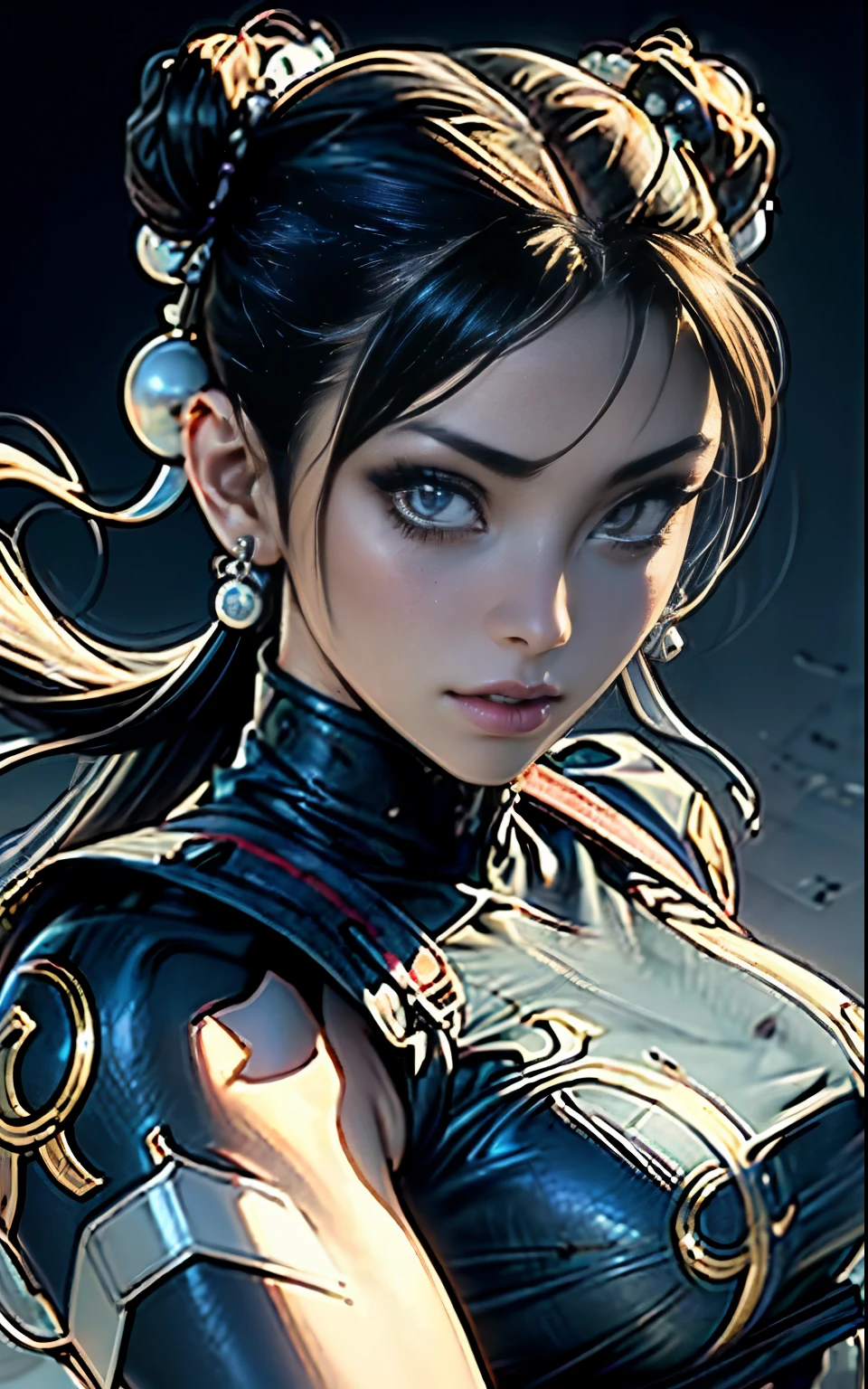 A nude girl with Chun-Li's appearance is posed for combat in a tight suit. The scene is set with soft lighting, highlighting her detailed face and chest. The background is extremely detailed, with complex details. The graphics are of the highest quality, showcasing ultra-detailed realism. The artwork is in 3D, rendered in 4K resolution, providing an immersive experience. The composition captures the girl at a random angle, showcasing her exquisite beauty.