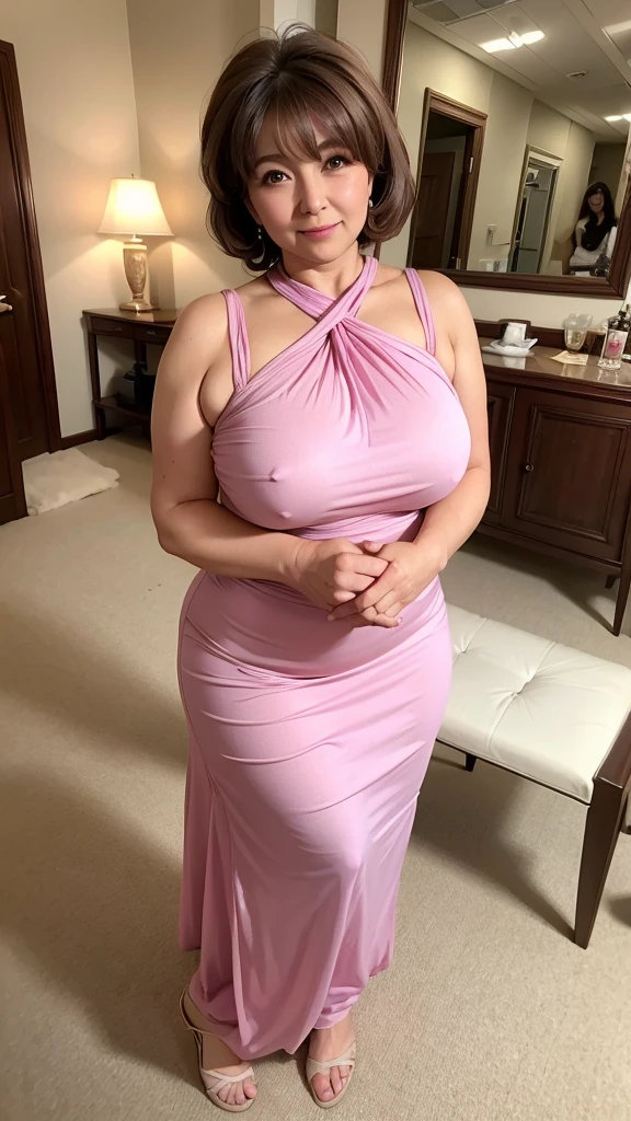((highest quality)), ((masterpiece)), (be familiar with), 58 years old, Woman, housewife, Aunt, She was beautiful when she was young, Large, narrow eyes, Thick lips, Big Nose, Long eyelashes, Identify nasolabial folds and wrinkles around the eyes, Shoulder-length hair, Permed, voluminous brown wavy hair, Medium build, Excess fat on the stomach and upper arms, Voluptuous big brted and erect nipples, hunk are big round, protrudtt with excess fat, Thick thighs,ight-fitting rayon dress, Her big breasts are visible through her tigeckline., The shapes of her bra and panties are visible through the fabric of her dresis looking at me with a sulky expression, Hotel room, Light makeup