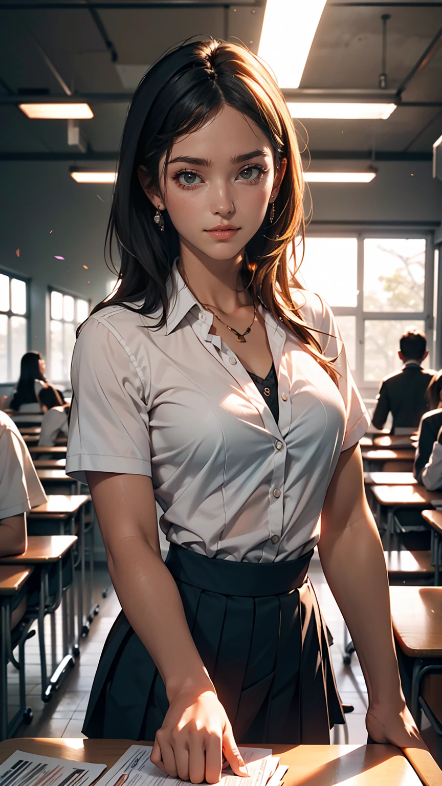 25-year-old woman, Mature Woman, ((In the classroom)), ((school uniform)), RAW Photos, (photoRealistic: 1.37, Realistic), Highly detailed synthetic CG 8K wallpaper, One girl, (((Perfect body: 1.1)), (Medium chest: 1.2), Looking at the audience, (((Straight from the front)))), (high qualityスキン:1.2, Shiny skin), 8K Ultra HD, Digital SLR, Soft lighting, high quality, Film Grain, Fujifilm XT3, ((whole body: 0.8)), (Professional Lighting:1.4) ,