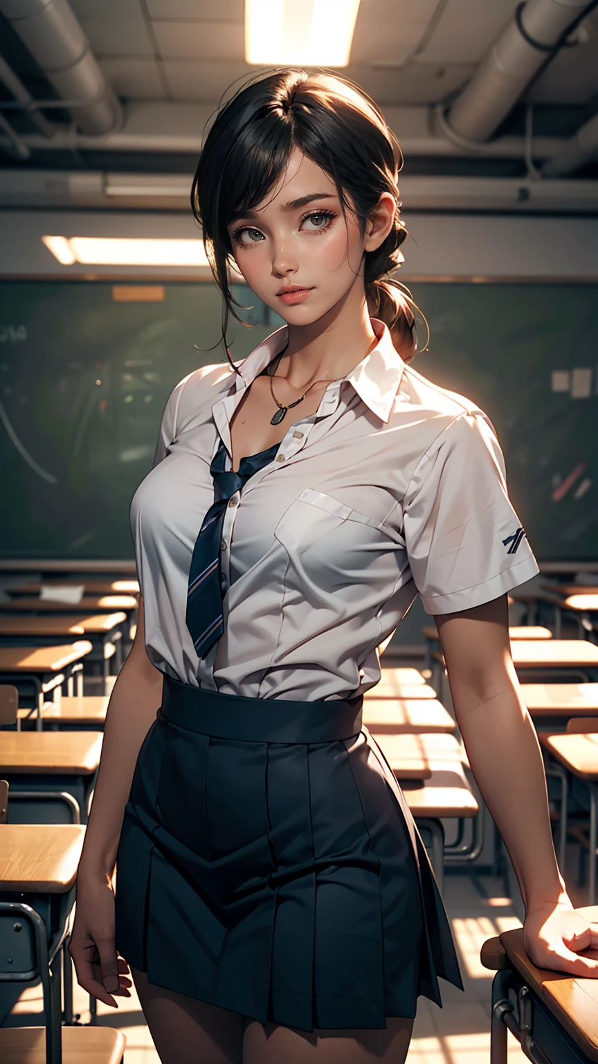 25-year-old woman, Mature Woman, ((In the classroom)), ((school uniform)), RAW Photos, (photoRealistic: 1.37, Realistic), Highly detailed synthetic CG 8K wallpaper, One girl, (((Perfect body: 1.1)), (Medium chest: 1.2), Looking at the audience, (((Straight from the front)))), (high qualityスキン:1.2, Shiny skin), 8K Ultra HD, Digital SLR, Soft lighting, high quality, Film Grain, Fujifilm XT3, ((whole body:  0.8)), (Professional Lighting:1.4) ,