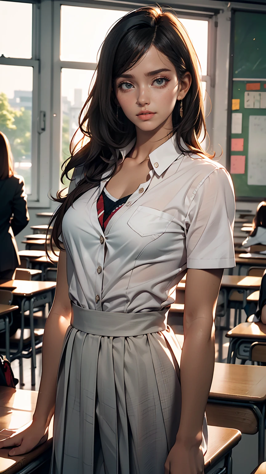 25-year-old woman, Mature Woman, ((In the classroom)), ((school uniform)), RAW Photos, (photoRealistic: 1.37, Realistic), Highly detailed synthetic CG 8K wallpaper, One girl, (((Perfect body: 1.1)), (Medium chest: 1.2), Looking at the audience, (((Straight from the front)))), (high qualityスキン:1.2, Shiny skin), 8K Ultra HD, Digital SLR, Soft lighting, high quality, Film Grain, Fujifilm XT3, ((whole body: 0.8)), (Professional Lighting:1.4) ,