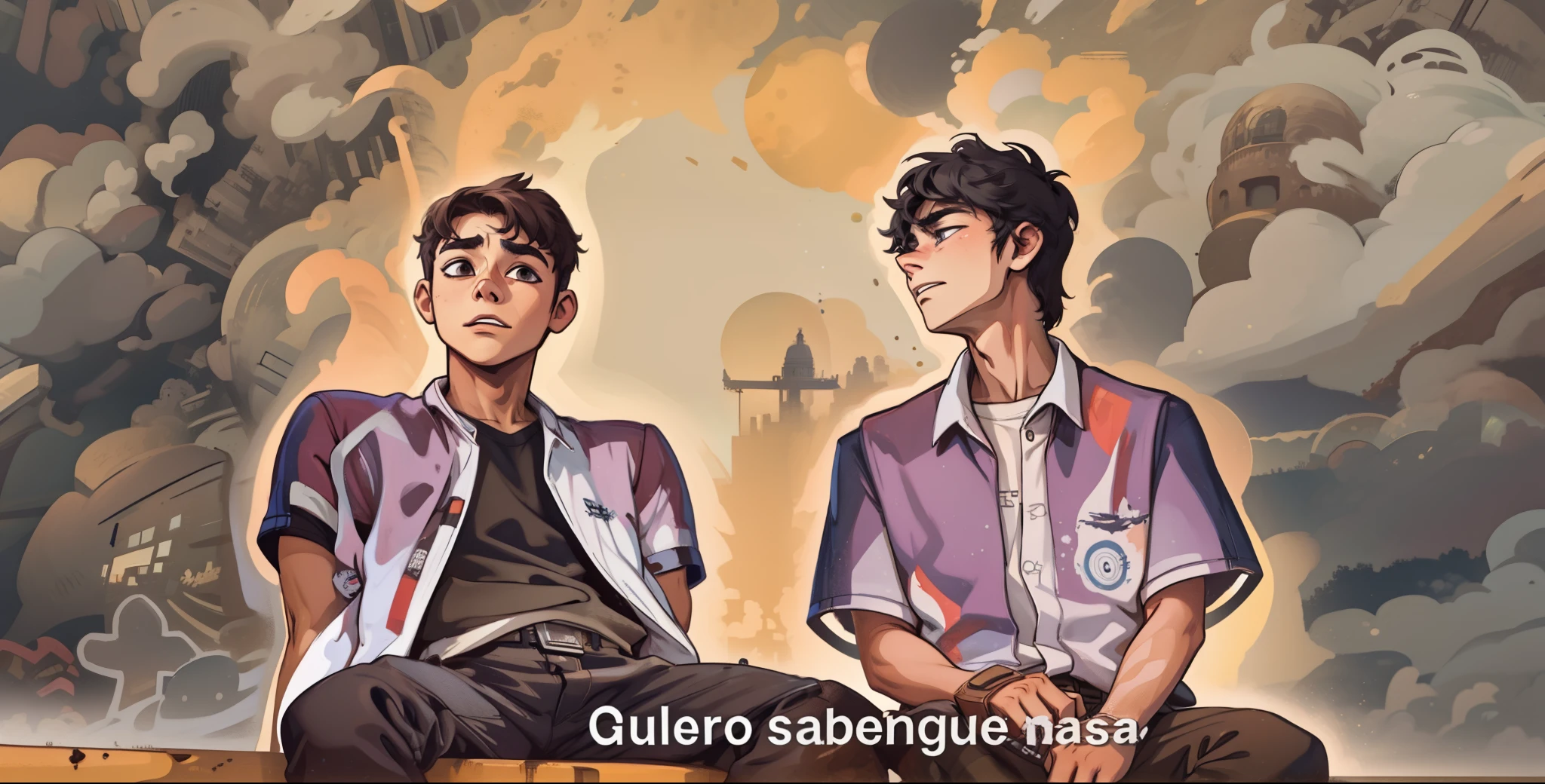 They are talking worried. There are two young male students of who are sitting on top of a building.
