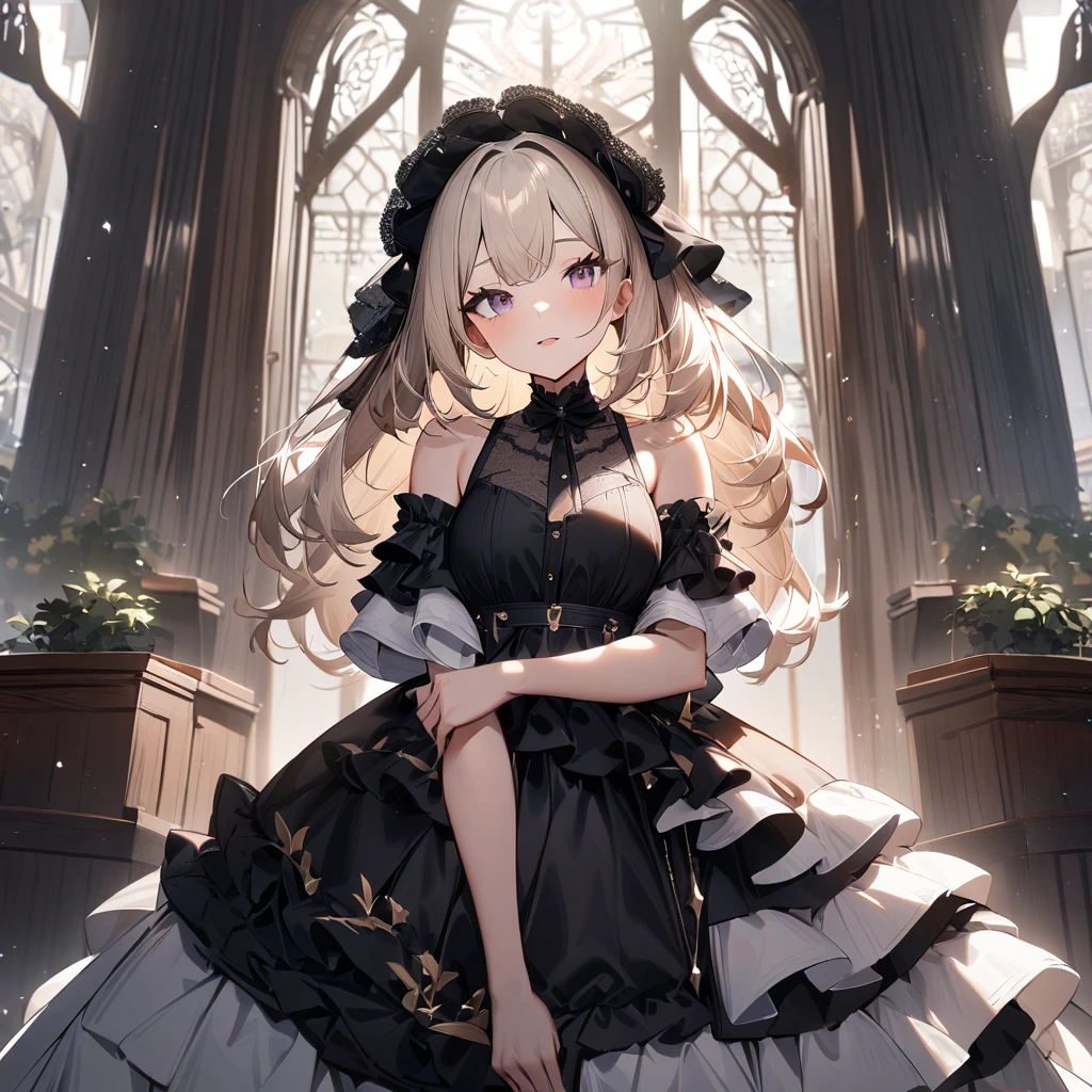 1 girl,best quality, very aesthetic, absurdres,looking at viewer,front view,Lovely lady,high-grade,layer,westfrill,light hair,multilayer,black,trim