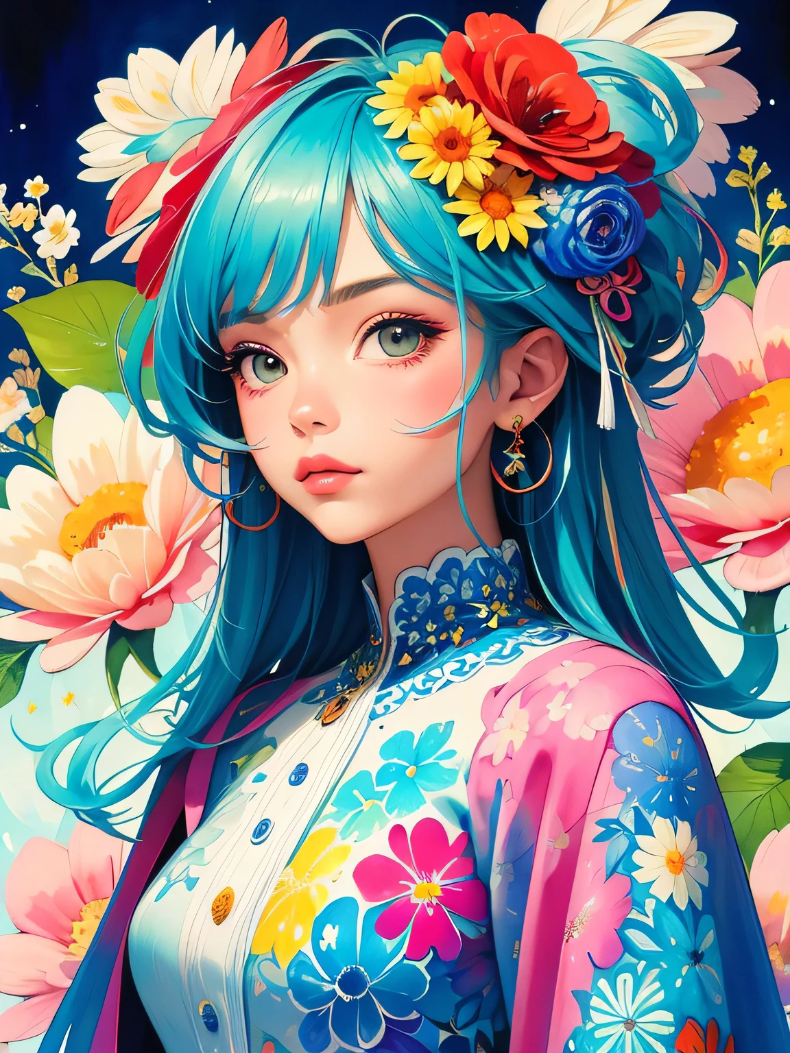 Komugiko 2000 Style、(((stylish fashion))), 8K Quality、Intense watercolor, Detailed watercolor art, Watercolor splash, Surreal, avant-garde pop art, Beautiful and expressive paintings, Beautiful artwork illustration, Very colorful tones, wonderful, Cool beauty, highest quality、Official Art, Vector art, Stylish design, (((The most beautiful girl))), (((highest quality))), HDR, ((detailed)), (((Doodle Art)), ((masterpiece)), ((Super detailed)), (((Colorful flowers))),(((Stylish))),