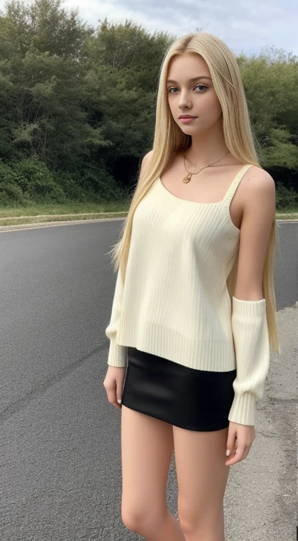 1girl in, age22 , Solo, Long hair, glossy , view the viewer, blonde  hair, Bare shoulders, amber eyes, jewely, full body Esbian, a necklace, cropped shoulders, Sweaters, Realistic, She have amber colour eyes, have glossy blond  hairs ,have smooth and soft skin , have  hourglass body ,tall ,korean, white skin