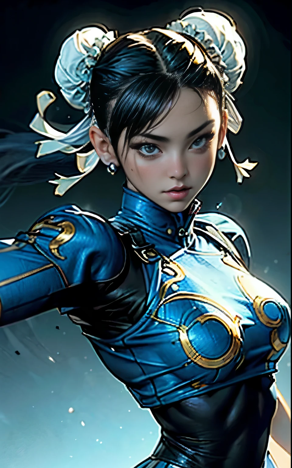 Arafe woman chun-li solo with ponytail hair、Fighting Game Fighter、Fitness Model、Big breasts about to burst、No exposed skin、thin and long legs,、Fitness Body Shape、Pose ready to fight、battle look, close up