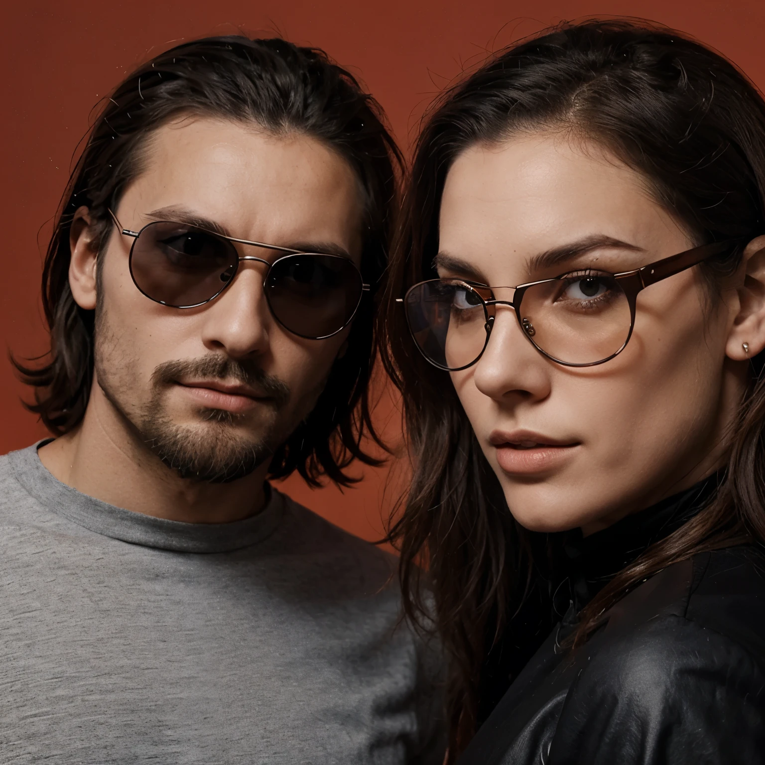 Couple qui s'amuse ensemble. La femme a des cheveux ???? et rouge, des rondeurs, spacers, piercing sur le nez côté droit et des lunettes. L'homme a spacers, des lunettes et une barbe