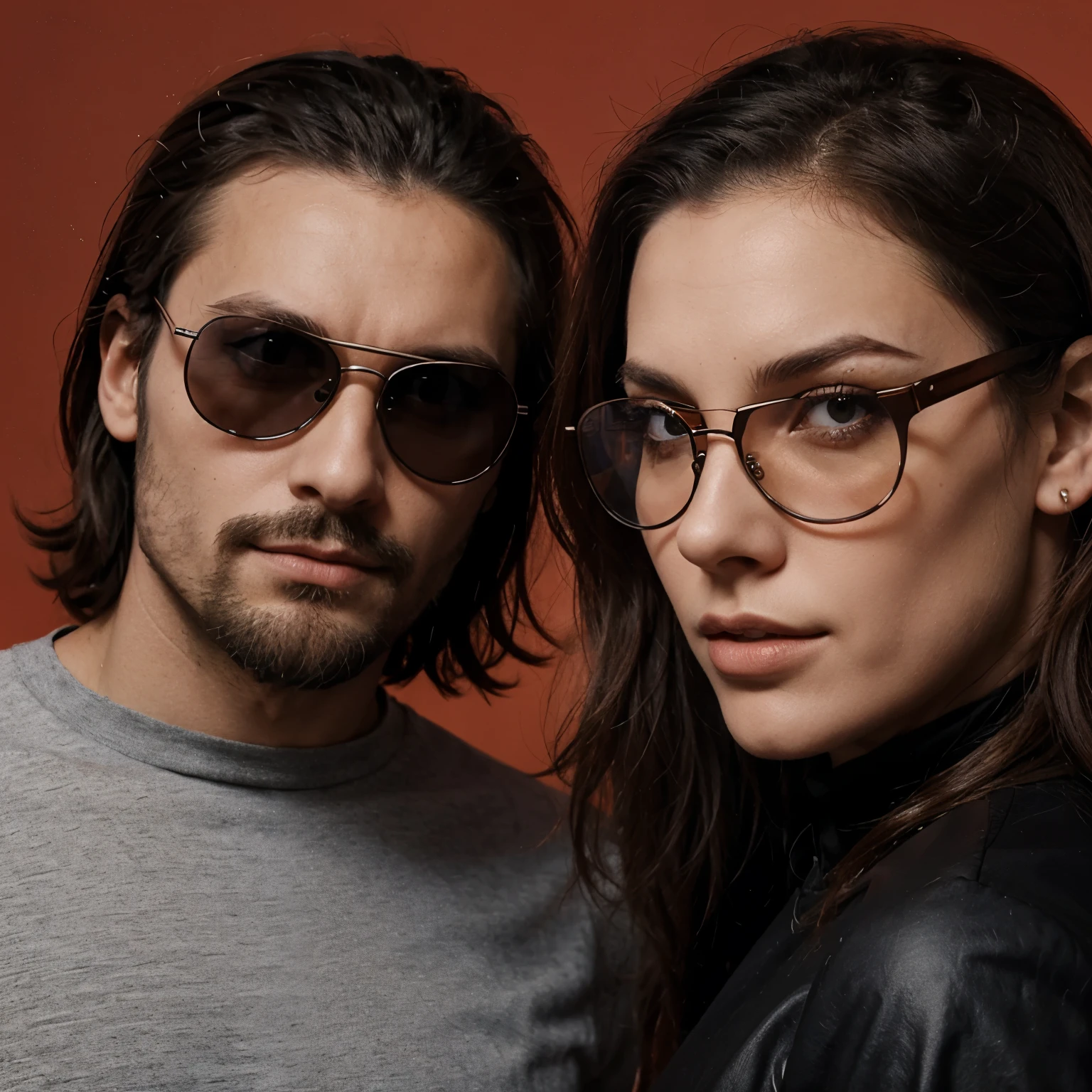 Couple qui s'amuse ensemble. La femme a des cheveux noir et rouge, des rondeurs, spacers, piercing sur le nez côté droit et des lunettes. L'homme a spacers, des lunettes et une barbe