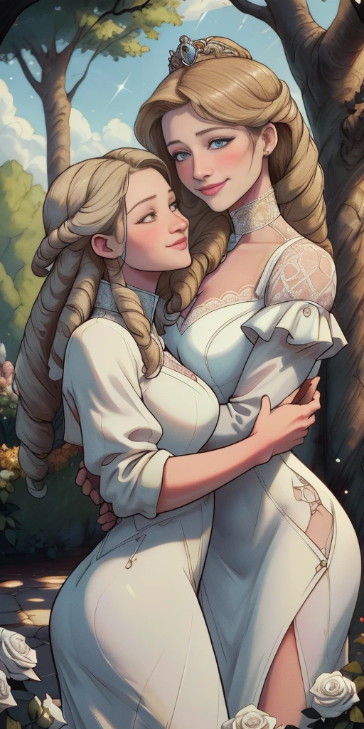 best quality,4k,8k,highres,masterpiece:1.2,ultra-detailed,realistic:1.37,portrait,beautiful mother and daughter in an Italian garden,medium:oils,classic Italian style,soft and warm colors,gentle lighting,delicate brush strokes,artistic masterpiece,pastel-hued flowers,bright blue sky and fluffy white clouds,fine details on their dresses,mother wearing an elegant white gown,daughter in a white dress with delicate lace,sparkling tiaras on their heads,smiling and joyful expressions,daughter holding a bouquet of white roses,embrace of love and innocence,subtle sunlight filtering through the trees,whisper of a gentle breeze,tranquil and peaceful atmosphere,mother's loving gaze,daughter's eyes full of excitement and joy,overall scene exudes purity and serenity.