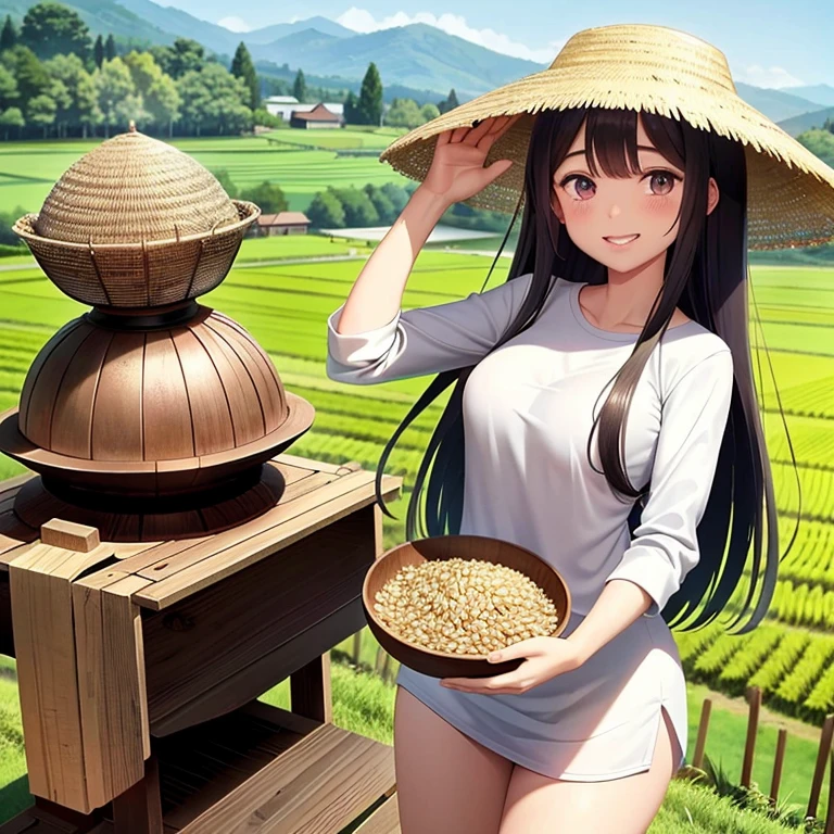 Brown rice field,Rice cultivation,Poor clothes,Ai Fukuhara,Purple long hair,Large breasts,V sign,The best smile,Shining sweat,Vietnamese hat