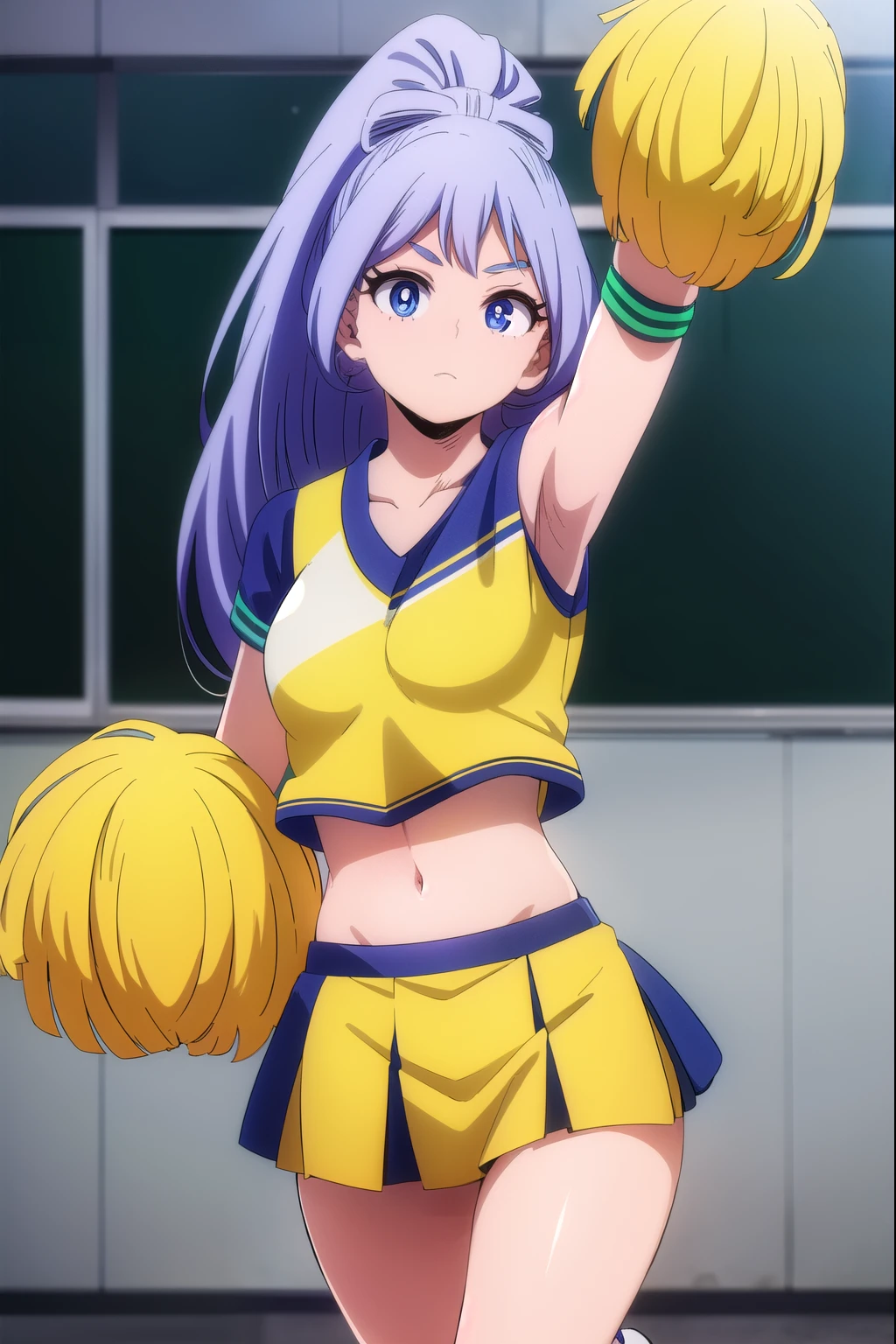 nejirehadou, nejire hadou, blue eyes, blue hair, long hair,
BREAK cheerleader, crop top, holding pom poms, midriff, navel, orange skirt, pink footwear, pom pom (cheerleading), pom poms, ponytail, skirt, (u.a. cheerleader uniform:1.5),
BREAK looking at viewer, full body,
BREAK indoors, classroom,
BREAK (masterpiece:1.2), best quality, high resolution, unity 8k wallpaper, (illustration:0.8), (beautiful detailed eyes:1.6), extremely detailed face, perfect lighting, extremely detailed CG, (perfect hands, perfect anatomy),