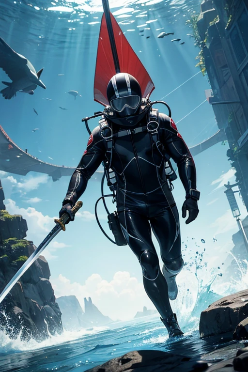 A man in a diving suit holding a long sword