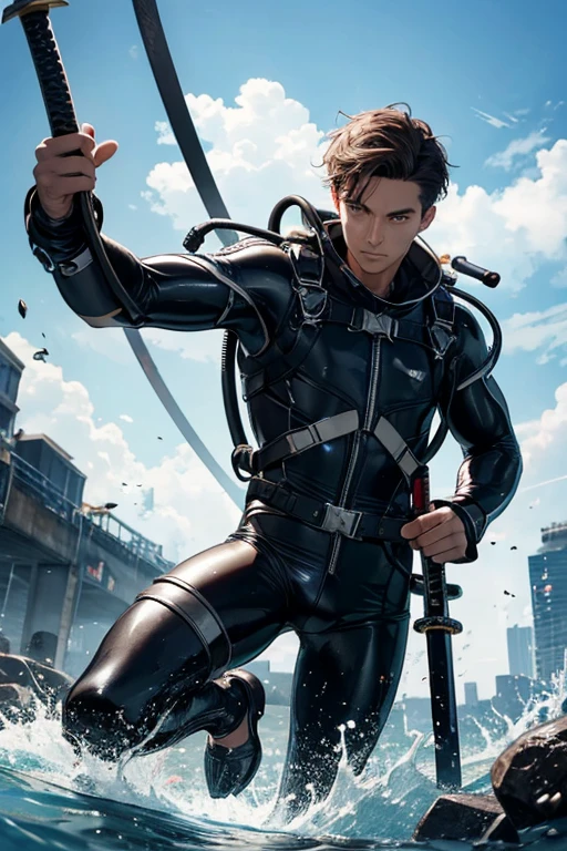A man in a diving suit holding a long sword