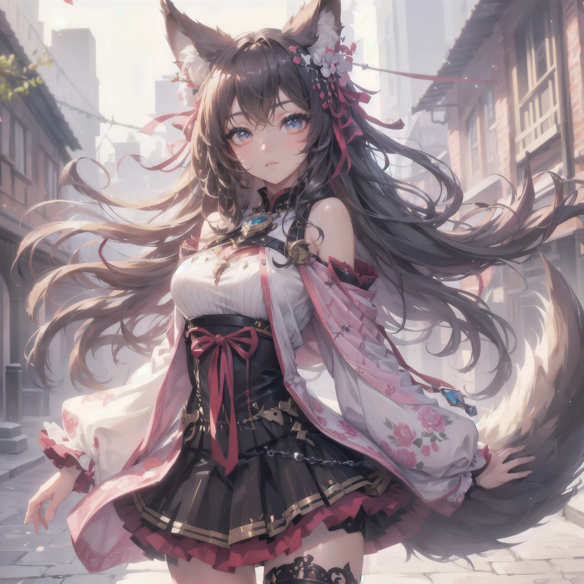 high quality,hd,16k,sharp line,1girl,fantasy,fem
ale wolf ears,wolf tail,beautiful hair ,cute face, large breasts ,nice legs,,focus girl,detailed beautiful face,detailed clothes,beautiful eyes,dynamic angle