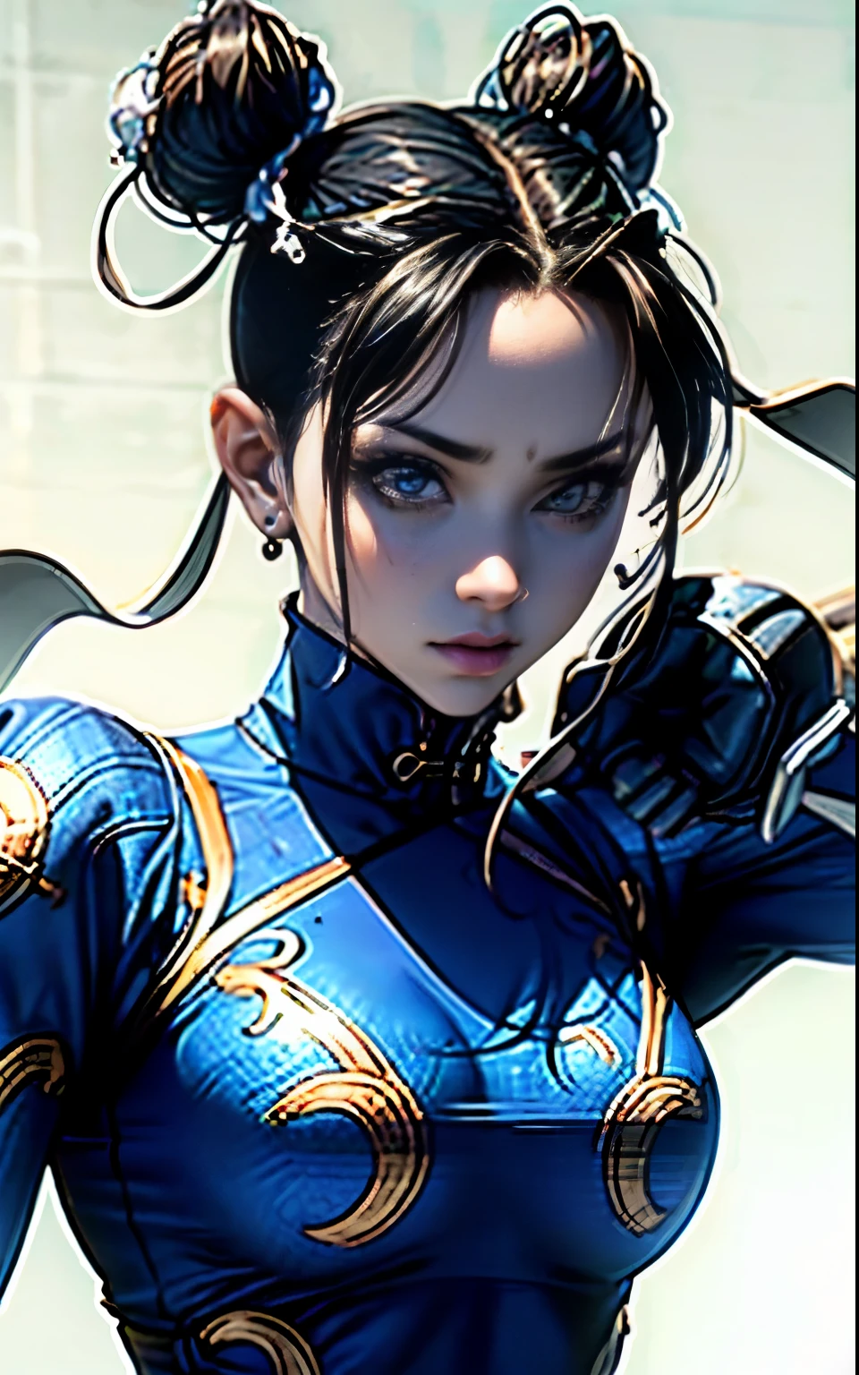 A nude girl with Chun-Li's appearance is posed for combat in a tight suit. The scene is set with soft lighting, highlighting her detailed face and chest. The background is extremely detailed, with complex details. The graphics are of the highest quality, showcasing ultra-detailed realism. The artwork is in 3D, rendered in 4K resolution, providing an immersive experience. The composition captures the girl at a random angle, showcasing her exquisite beauty.