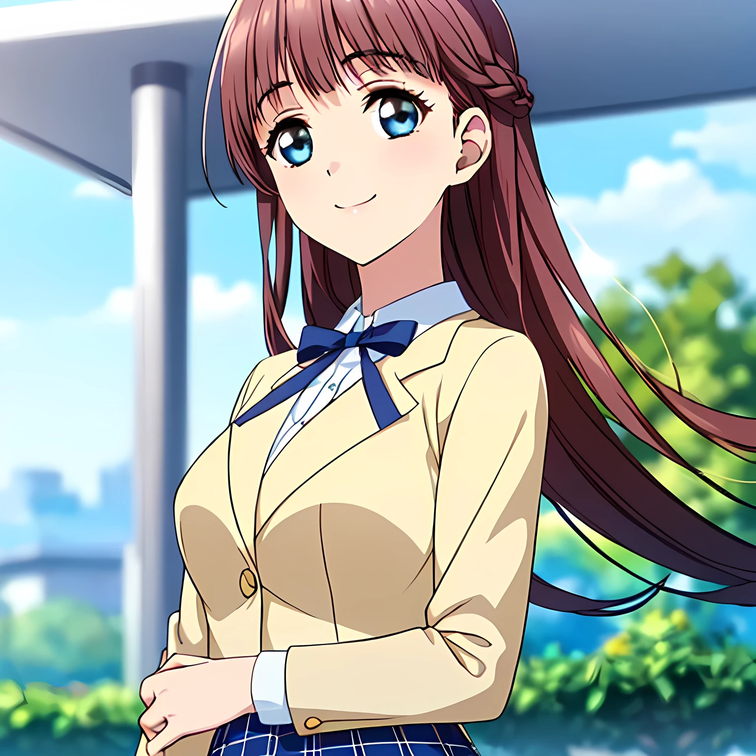 highest quality, (masterpiece:1.2), Very detailed, (((Game CG))), ((((Like a young lady painted by Renoir1Portrait of a beautiful girl)))), ((The girl everyone loves)), ((((Very beautiful, wavy, long flaxen hair)))), ((((Navy blue blazer)))), (((Dark navy blue checked skirt))), ((((Very beautiful and shining eyes)))), ((Very long eyelashes)), A big white ribbon on the chest, ((An elegant expression like a noble princess)), (((Beautiful and great smile))), Small face and great posture, ((Give the viewer a heavenly feeling of happiness)), (((Blur the background))), ((A very compassionate face)), ((Slender and shapely breasts)), ((Looking into the distance)), ((Looking from the side))