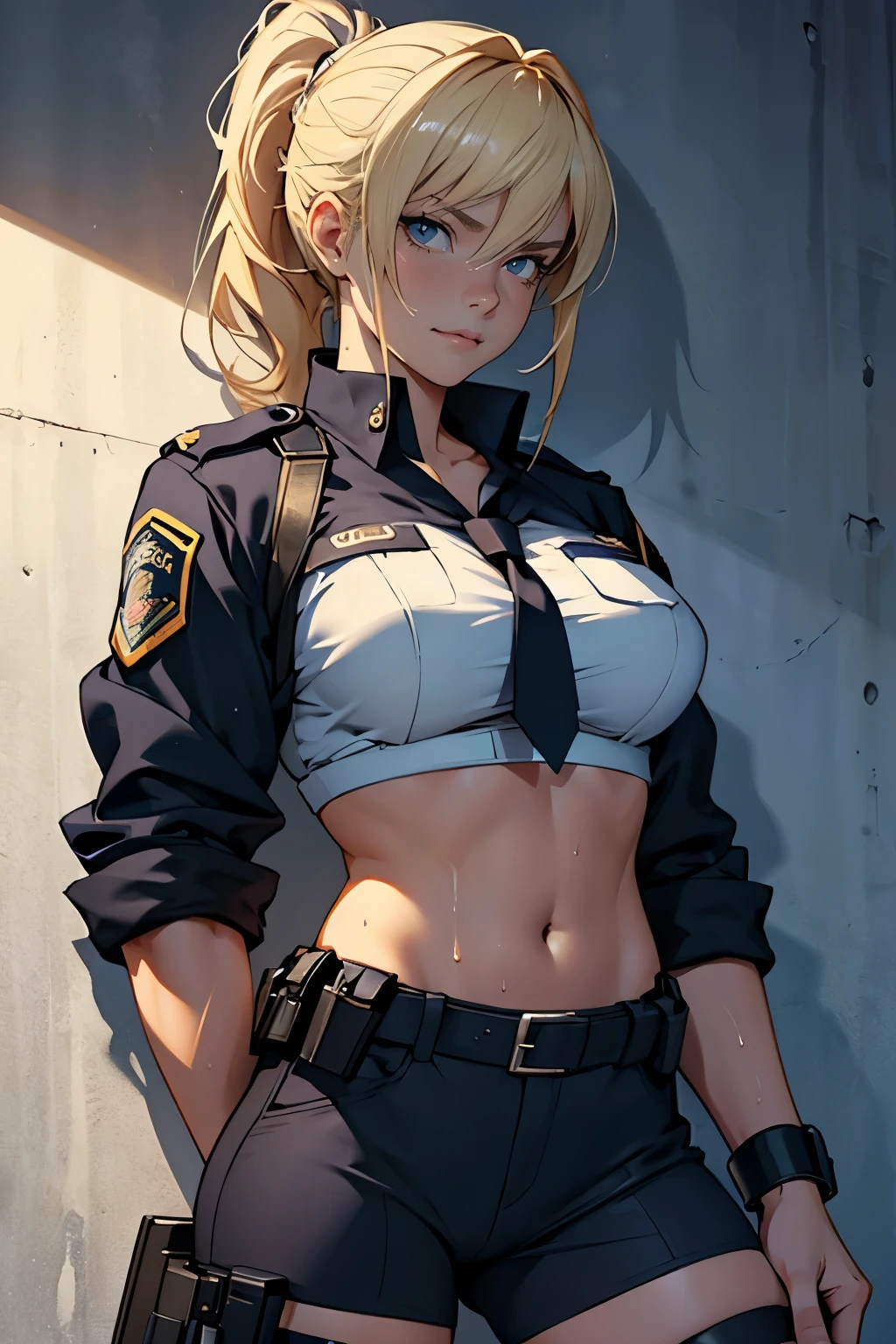 (High definition CG Unity 8k wallpaper). (masterpiece). (Highest quality). (Ultra definition). (Best illustration). (Best Shadow). (Absurd). Sweat. steam. stare. female police officer. She is 20 years old. Her hair is tied up. she is blonde. She is in uniform. Navy hot pants. She has a whip in her hand. she has big breasts. white background.