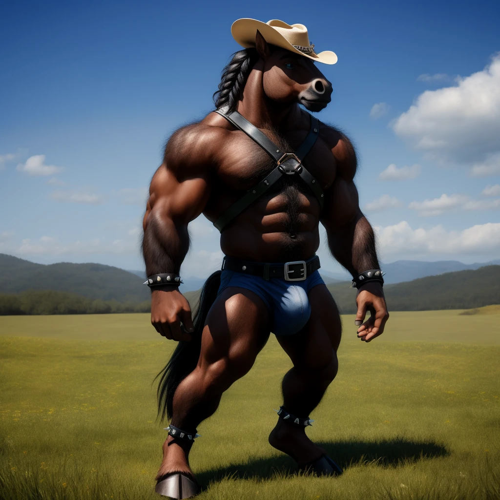 Furry, Antro, anthropomorphic, Solo, (Dark brown), Horse tail, Ponytail, (Male Bulge), Big Balls, Wearing a Black Leather Harness, Black bicep leather bracelet, Leather Buckle Armband, Black dark Leather Slip, Leather Slip, Black Belt, Spiked Collar, Spiked Wristbands, (Leather Bicep Arm Strap), Cowboy Hat, Spiked Anklet, Hooves, Hairy, Full Body, Braided Mane, Hairy Torso, Seen Standing, Upright Standing Pose, Blue Pupil Eyes, High Resolution, 4K Detailed, Good Lighting, Beautiful, Blue Sky Background with Green Grass Meadow, black hair