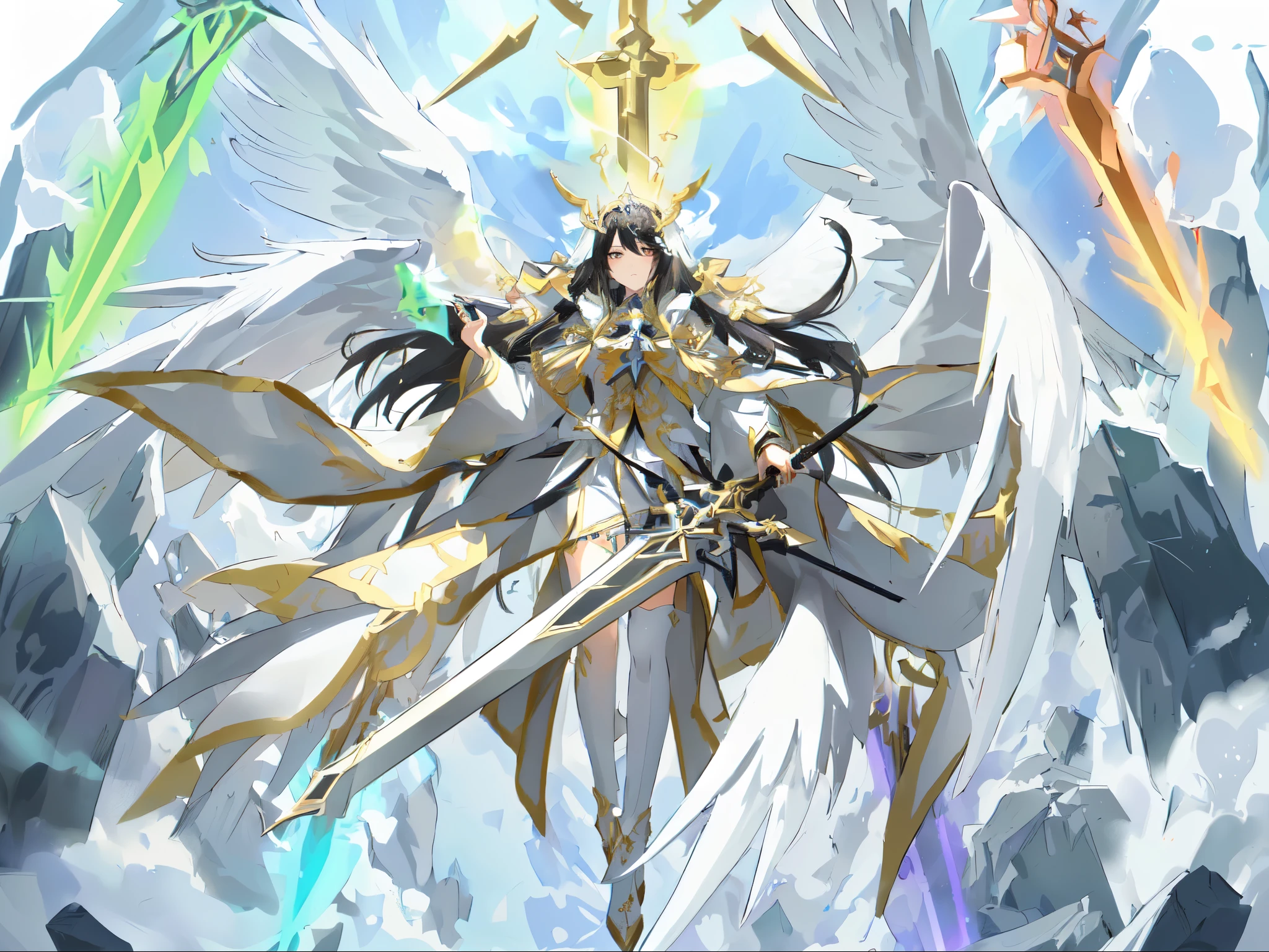 Anime character with wings and sword in the cloudy sky, She has four swords.,Black long hair,动漫goddess,White stockings,Wearing a crown,goddess,Detailed key animation art, frown,Serious,Black eyes,daytime Ethereal Anime, 动漫goddess, Ethereal Anime, Overlord&#39;s albedo, The majestic angel, HD anime art, high detailed Official Artwork, Beautiful fantasy anime, Anime Key Visual Concept Art, Official Art