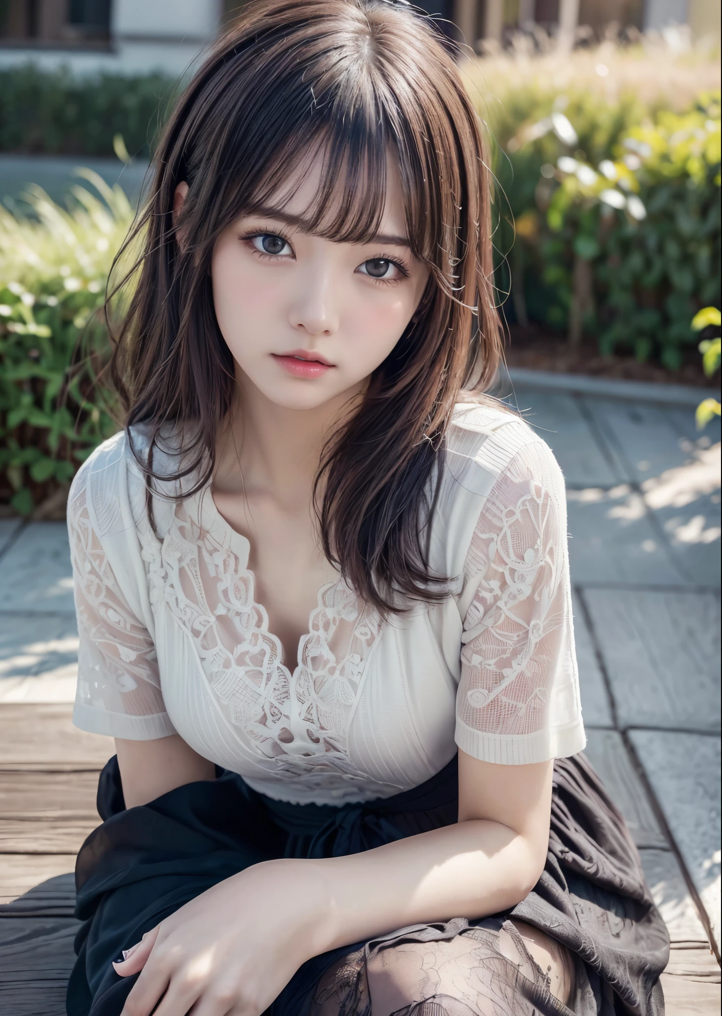 (masutepiece, Best Quality:1.2), 8K, 85 mm, Official art, Raw photo, absurderes, A dark-haired, (Blue eyes, Lolita Fashion, sweetlolita, Gothic, Dress:1.2), Idol face, Upper body, Beautiful Girl, gardeniass, Copenhagen, Short sleeve, Elegance, Sophisticated, gardenia, Looking at Viewer, Film grain, chromatic abberation, Sharp Focus, face lights, Dynamic lighting, Cinematic lighting,(( red blush、embarassed expression, Look away、Looking down in embarrassment:1.2))、(((tucking up the skirt、White panties are visible、Sujiman、slit)))、