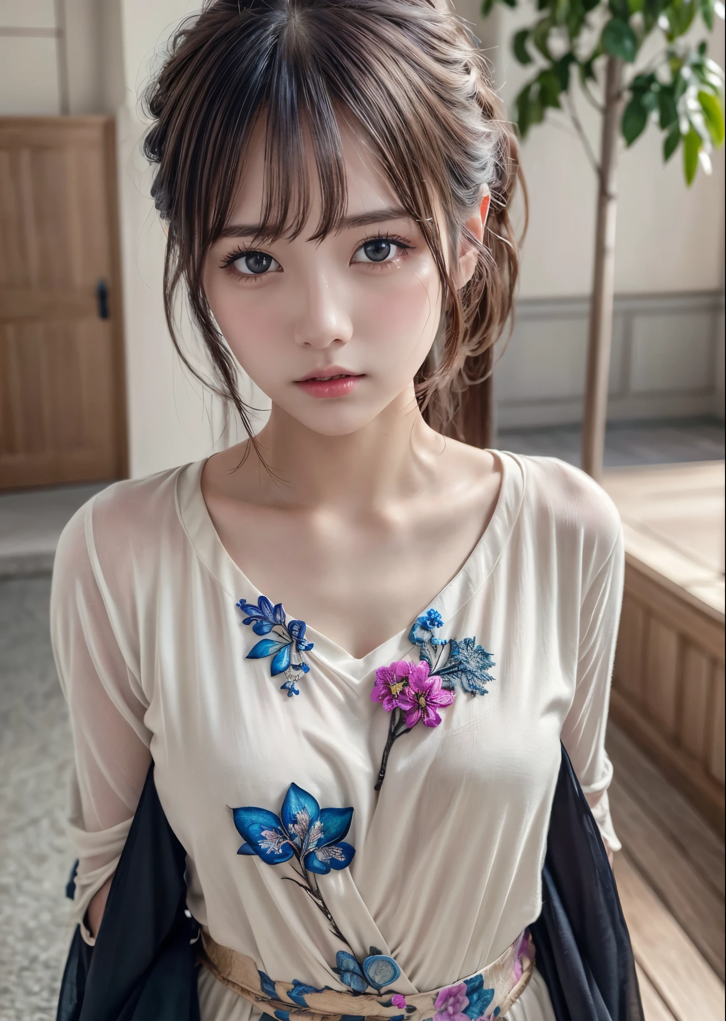 Dressed, (photo Realistic:1.4), (hyper Realistic:1.4), (Realistic:1.3),, (Smoother lighting:1.05), (Improving the lighting quality of movies:0.9), 32k,, One girl,20 year old girl, Realistic lighting, Backlight, Ray-tracing, (Bright light:1.2), (Improvement of quality:1.4),, (highest qualityのリアルテクスチャスキン:1.4), Detailed drawn eyes, Detailed painted face, Quality Eyes,, (Tired, sleepy and satisfied:0.0), T-Shirts,, (Enhance the mood of your body line:1.1), (Enhances the beauty of skin texture:1.1)、(masterpiece, highest quality, highest quality, Official Art, beautifully、aesthetic:1.2), (1 girl), Very detailed,(Fractal Art:1.3),colorful,Most detailed, Background with fractals and various floral and greenery details