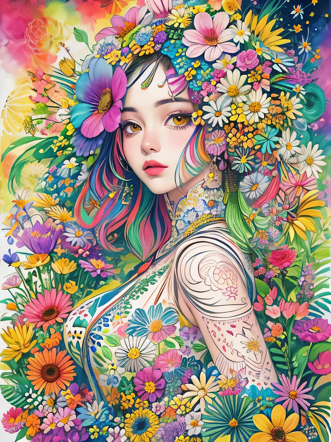 Komugiko 2000 Style、(((stylish fashion))), 8K Quality、Intense watercolor, Detailed watercolor art, Watercolor splash, Surreal, avant-garde pop art, Beautiful and expressive paintings, Beautiful artwork illustration, Very colorful tones, wonderful, Cool beauty, highest quality、Official Art, Vector art, Stylish design, (((The most beautiful girl))), (((highest quality))), HDR, ((detailed)), (((Doodle Art)), ((masterpiece)), ((Super detailed)), (((Colorful flowers))),(((Stylish))),