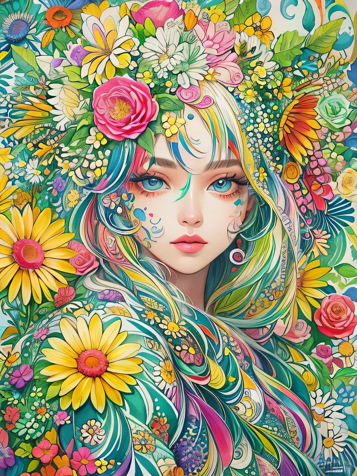 Komugiko 2000 Style、(((stylish fashion))), 8K Quality、Intense watercolor, Detailed watercolor art, Watercolor splash, Surreal, avant-garde pop art, Beautiful and expressive paintings, Beautiful artwork illustration, Very colorful tones, wonderful, Cool beauty, highest quality、Official Art, Vector art, Stylish design, (((The most beautiful girl))), (((highest quality))), HDR, ((detailed)), (((Doodle Art)), ((masterpiece)), ((Super detailed)), (((Colorful flowers))),(((Stylish))),