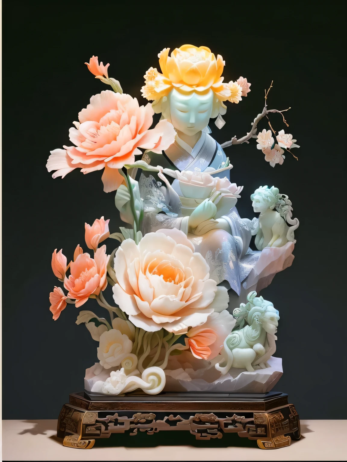 There is a vase on the table，Flowers on top, jade sculpture, Chinese Arts, corals are gemstones, Chinese Ghost Festival, Qing Dynasty, marble carving, Chinese Arts Style, Ghost Festival, traditional Chinese Arts, 3 d Carved marble sculptures, Carved marble sculptures, Inspired by Lu Guang