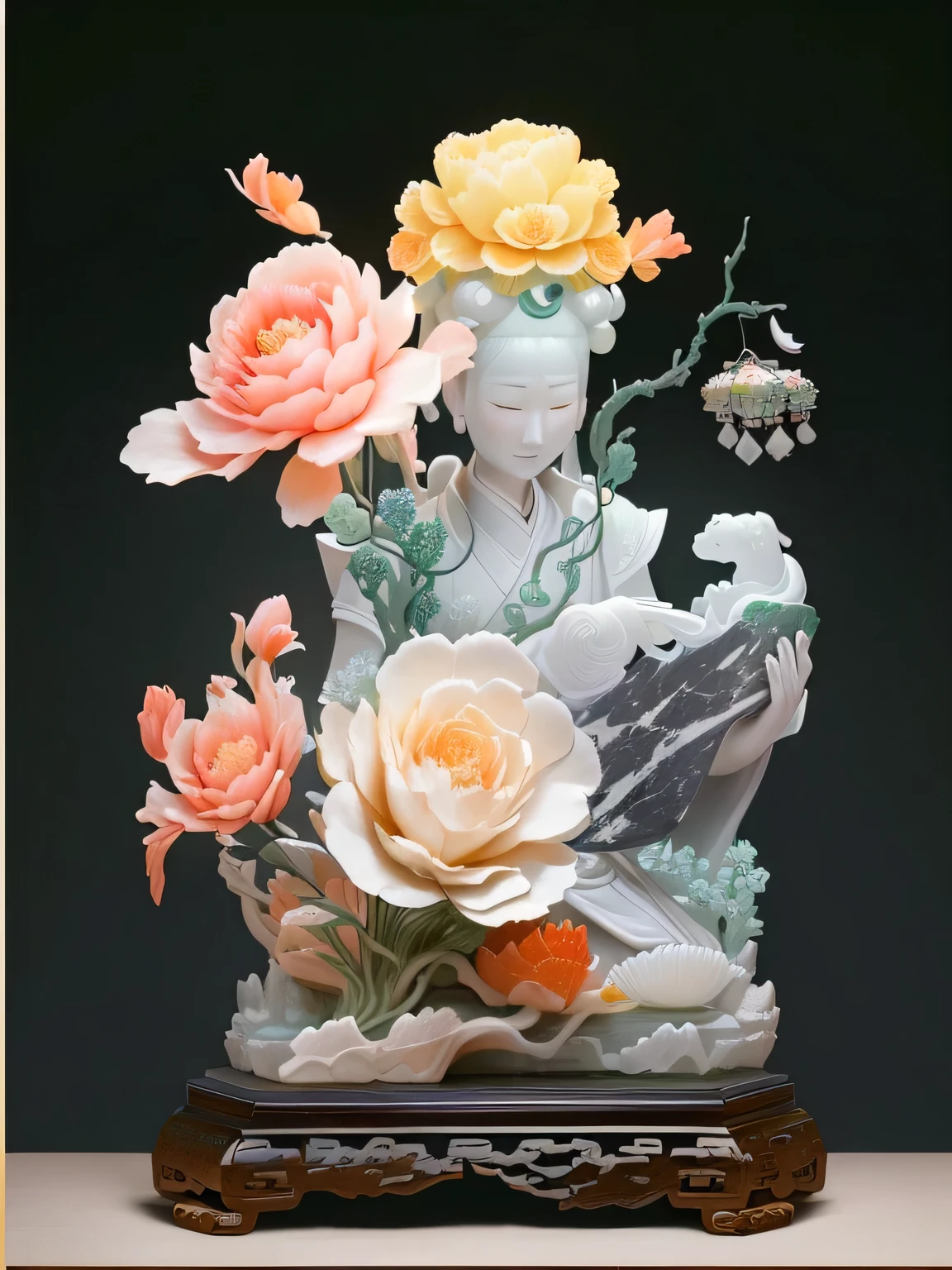 There is a vase on the table，Flowers on top, jade sculpture, Chinese Arts, corals are gemstones, Chinese Ghost Festival, Qing Dynasty, marble carving, Chinese Arts Style, Ghost Festival, traditional Chinese Arts, 3 d Carved marble sculptures, Carved marble sculptures, Inspired by Lu Guang