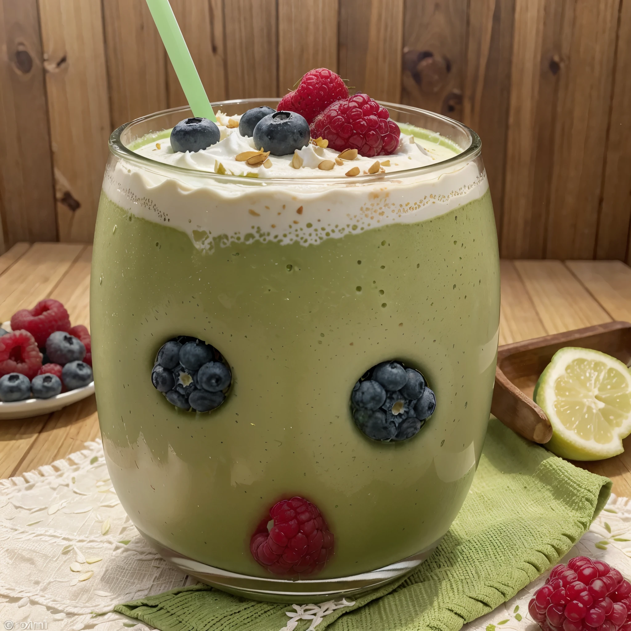An artistic representation of a green power smoothie, showing a glass filled with a blend of
1 cup mixed berries (blueberries, raspberries, strawberries)
1/2 cup plain Greek yogurt
1/2 cup unsweetened almond milk
1 tablespoon honey or maple syrup
1 tablespoon flaxseeds
Ice cubes (optional)
The focus should be on the vibrant green colors of the ingredients, with a refreshing and healthy vibe. Realistic style, high resolution, detailed textures, natural lighting.