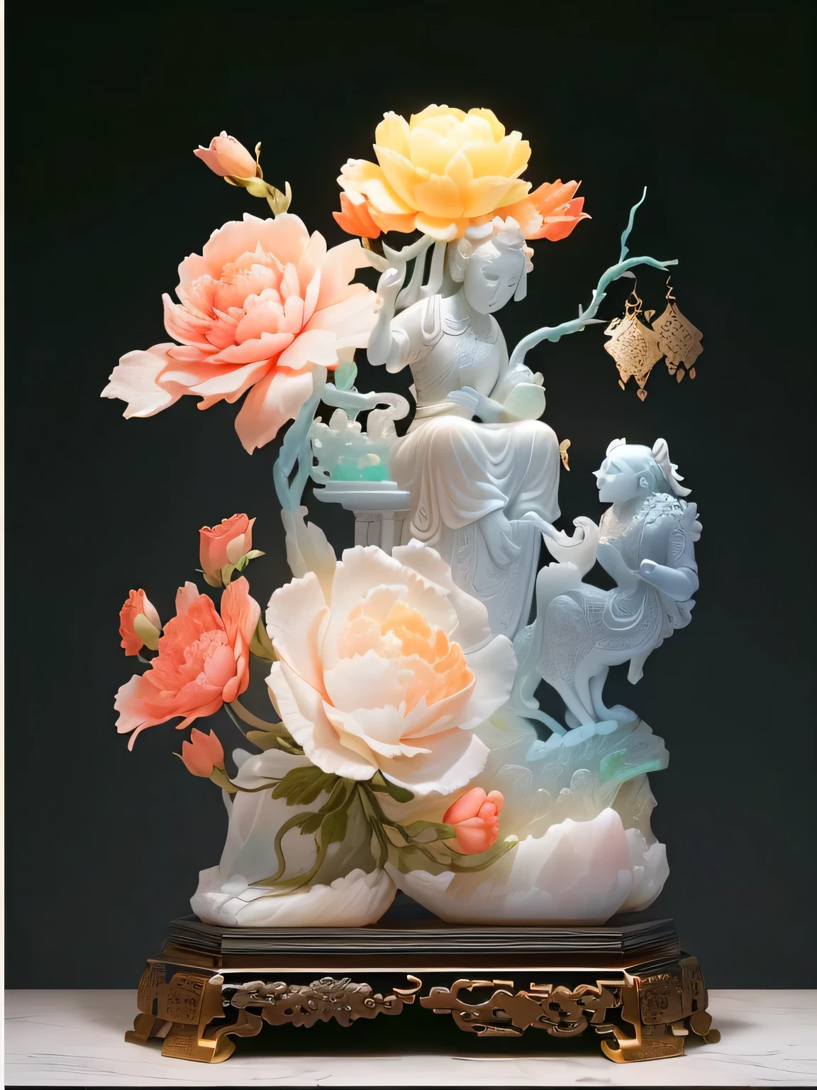 There is a vase on the table,Flowers on top, jade sculpture, Chinese Arts, corals are gemstones, Chinese Ghost Festival, Qing Dynasty, marble carving, Chinese Arts Style, Ghost Festival, traditional Chinese Arts, 3 d Carved marble sculptures, Carved marble sculptures, Inspired by Lu Guang