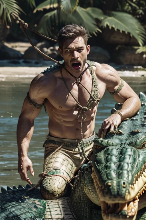 Top quality, real crocodile, (crocodile tied with rope:1.5), man with open mouth and surprised expression, (looking at crocodile head:1.5)