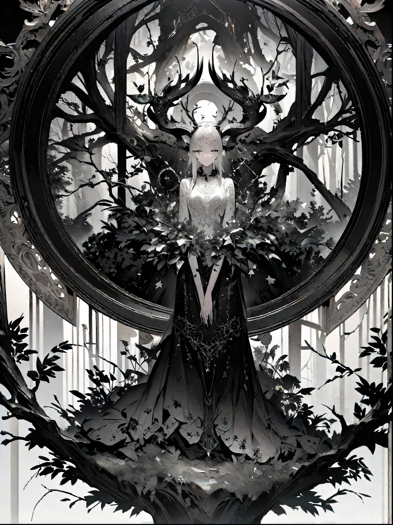 ((Black and White art)), Black Art, White art, The photo was taken with a Nikon Z 6II camera and a Nikon NIKKOR Z 24-120mm lens, portrait oF a Forest deer with spreading unreal horns, deer horns intertwined with branches and stems oF surrounding plants oF a magical Forest, Full body, Full pose, style, grace, Fascinating, the work oF a master oF black and White art, Filigree, Wheels within wheels, depth oF volume, Illusions in images, (Black and white image):1.6045. 35 mm, F/3, 1/25 seconds., ISO 120.