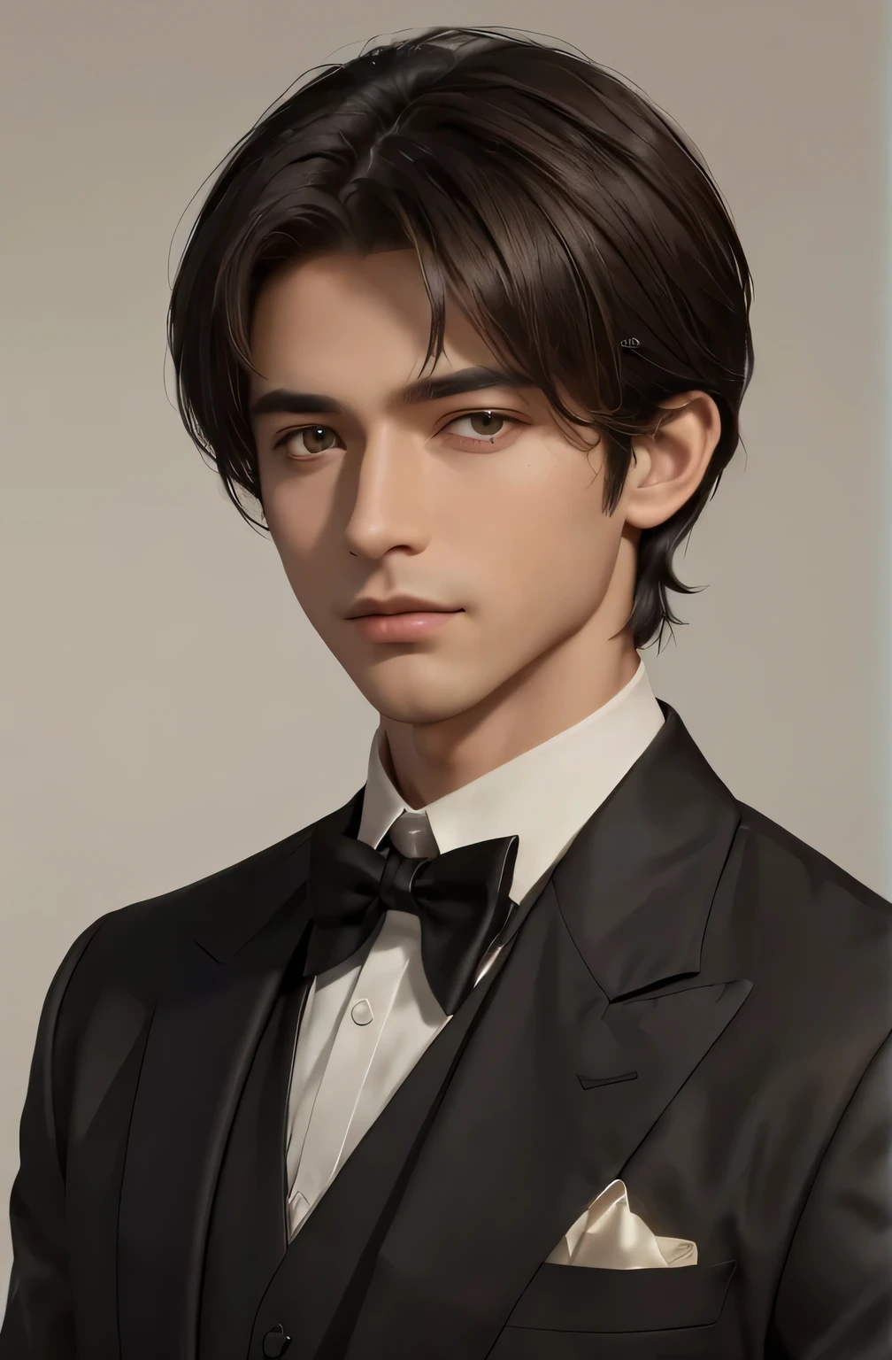 kk, best quality, more details, masterpiece, 1boy, male focus, solo, brown background, brown eyes, short hair, black hair, collared shirt, black vest, Looking at viewer, Luxury, 8k, Cinematic lighting, a elegant and calm master, gentle and young look, Digital Arts, 8k HD, full details, mature gentleman, cold smile