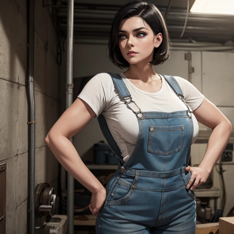 Woman mechanic firm body perfect breasts work overalls dirty white t-shirt covered in grease short black hair light eyes