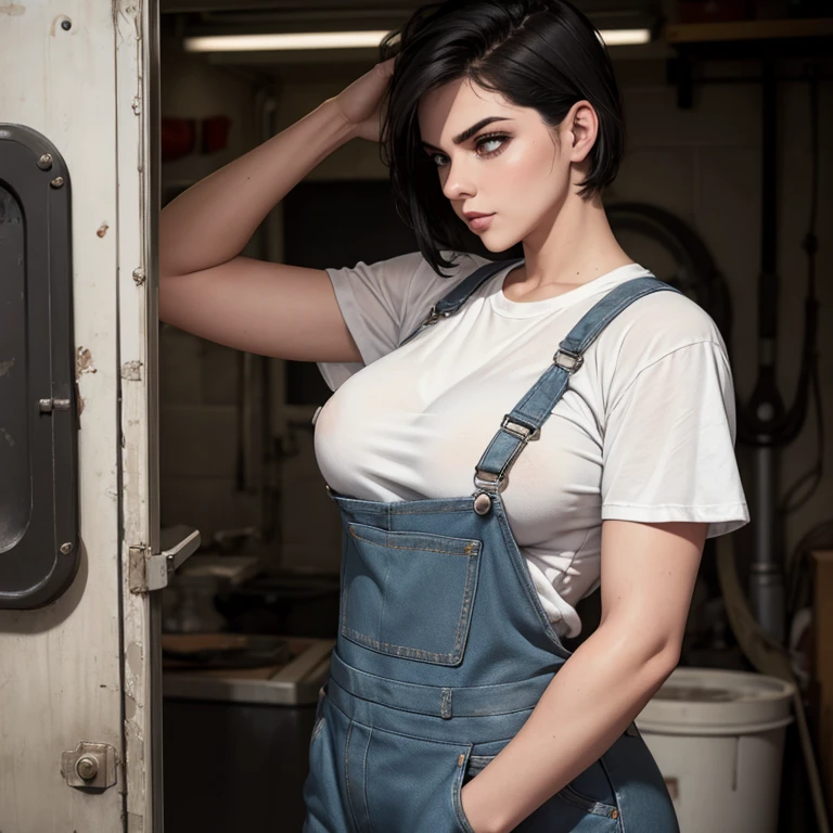 Woman mechanic firm body perfect breasts work overalls dirty white t-shirt covered in grease short black hair light eyes 